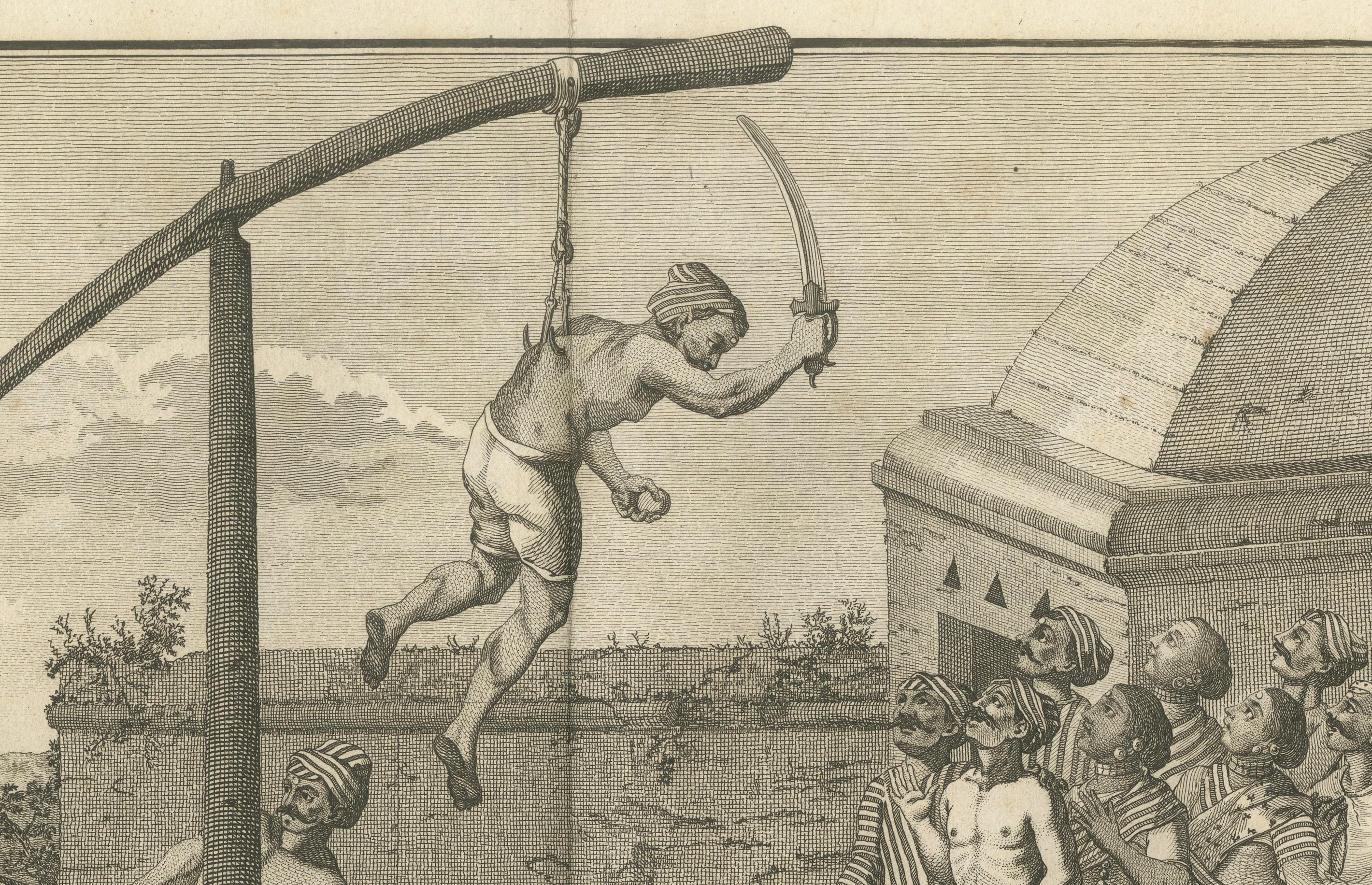 Début du XIXe siècle Cérémonie hindoue d'agitation de crochets en l'honneur de Mariamman - Gravure, 1806 en vente