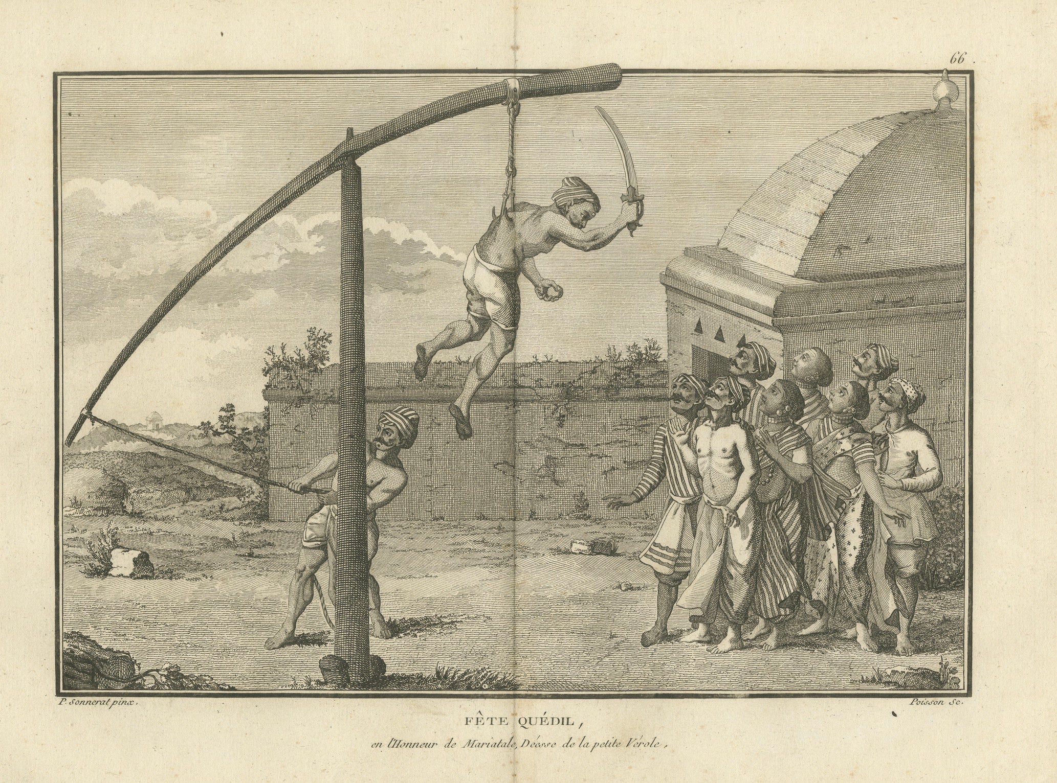 Cérémonie hindoue d'agitation de crochets en l'honneur de Mariamman - Gravure, 1806 en vente