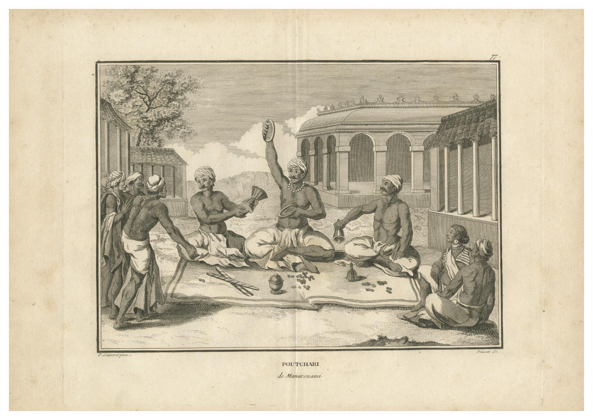 Assemblée sacerdotale hindoue - Poutchari de Maarraami, Gravure, 1806


Cette gravure détaillée intitulée Poutchari de Maarraami représente un groupe de prêtres hindous ou de fonctionnaires du temple assis en formation rituelle, peut-être au milieu
