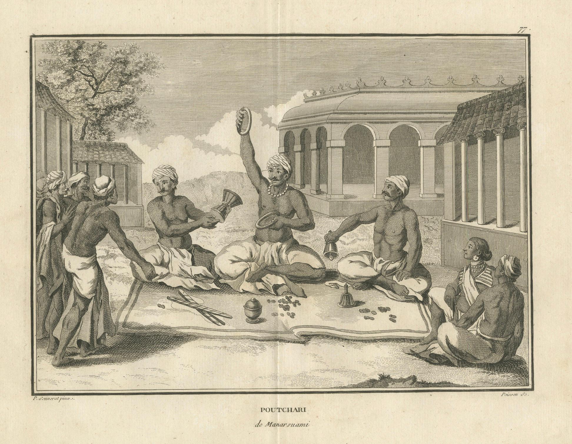 Début du XIXe siècle Assemblée sacerdotale hindoue - Poutchari de Maarraami, Gravure, 1806 en vente