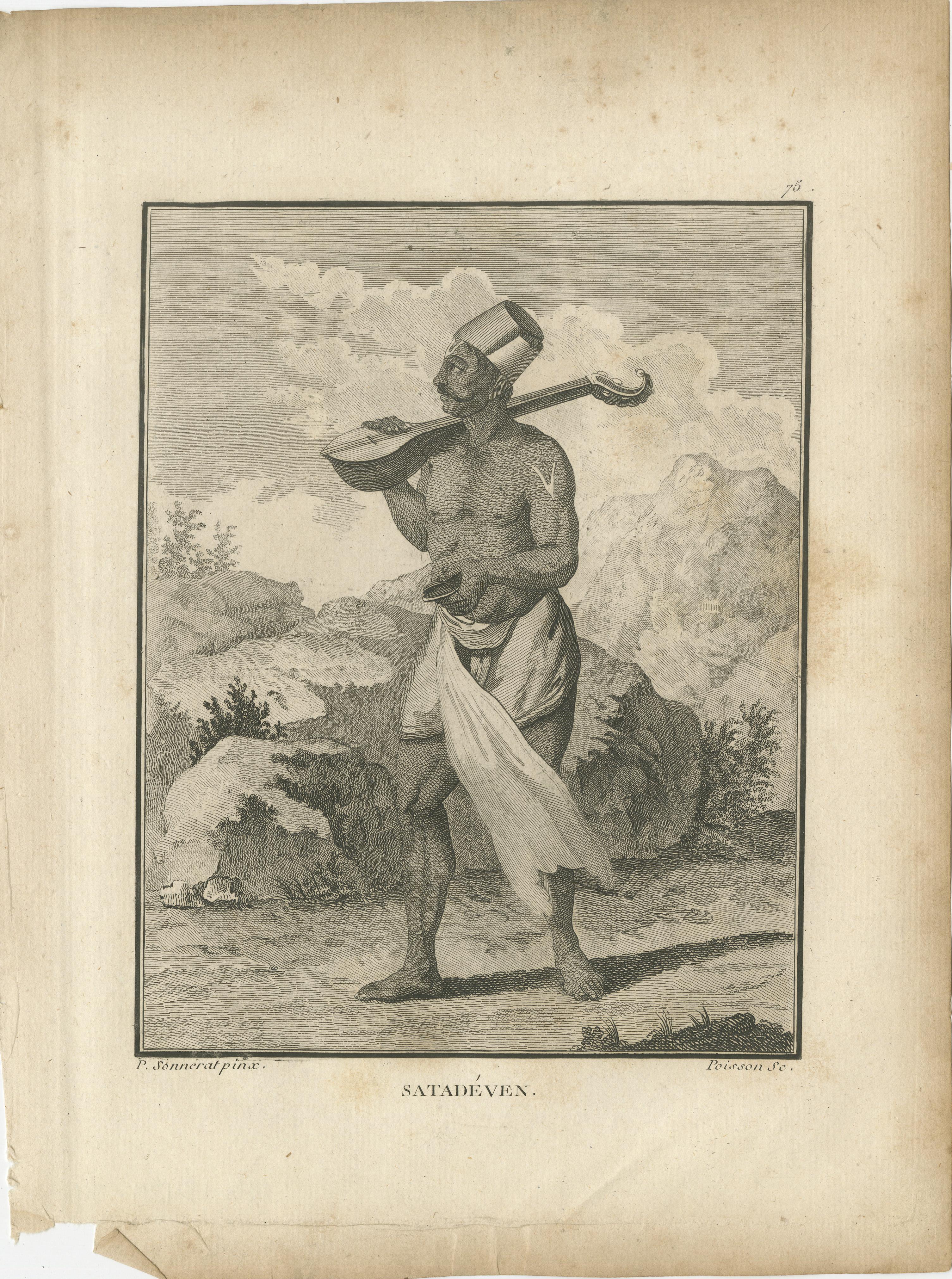 Musiciens sacrés hindous - Satadéven et Vaïche Navin, 1806

Cette gravure finement exécutée représente deux musiciens sacrés de l'Inde du Sud, Satadéven et Vaïche Navin, tenant chacun un instrument à cordes traditionnel et représentés en train de