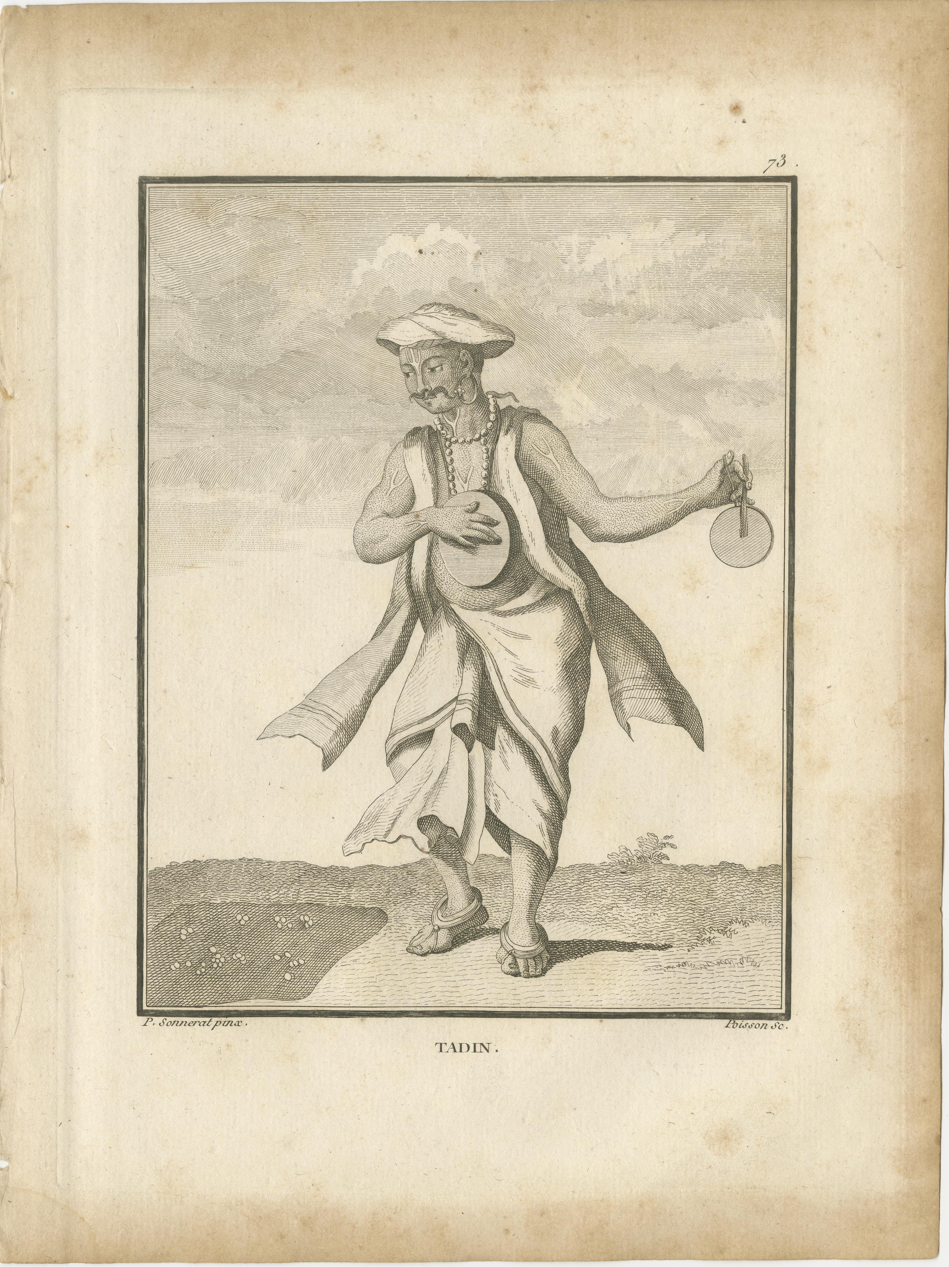 Músicos del Templo Hindú - Tadin y Jefe de los Tadins, 1806

Descripción:
Este grabado emparejado presenta a dos músicos de templo indios, identificados como Tadin y Chef des Tadins (Jefe de los Tadins), retratados con sus instrumentos y atuendos