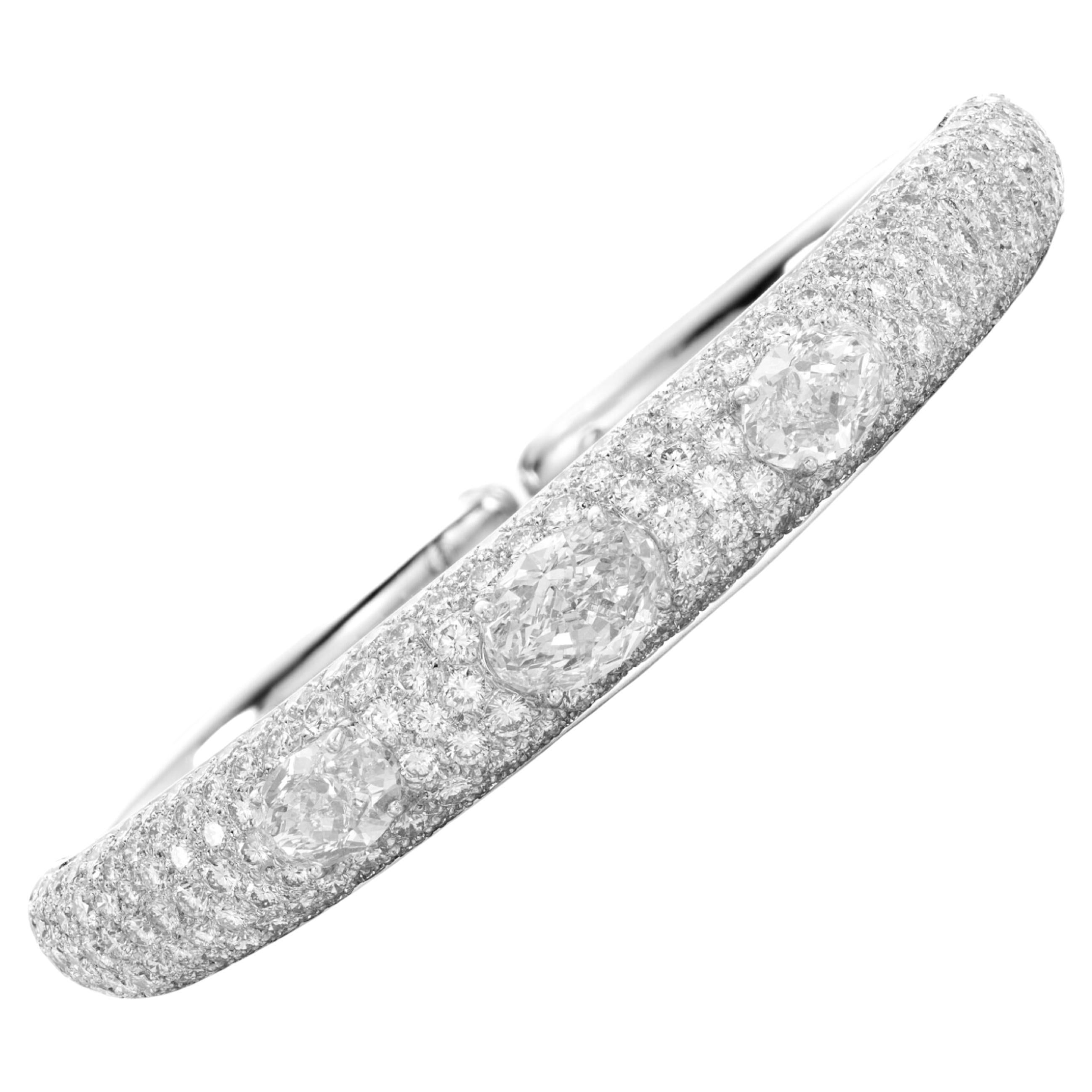 Hined Pave Diamond and 3 Oval Diamonds Bangle Platinum Bracelet