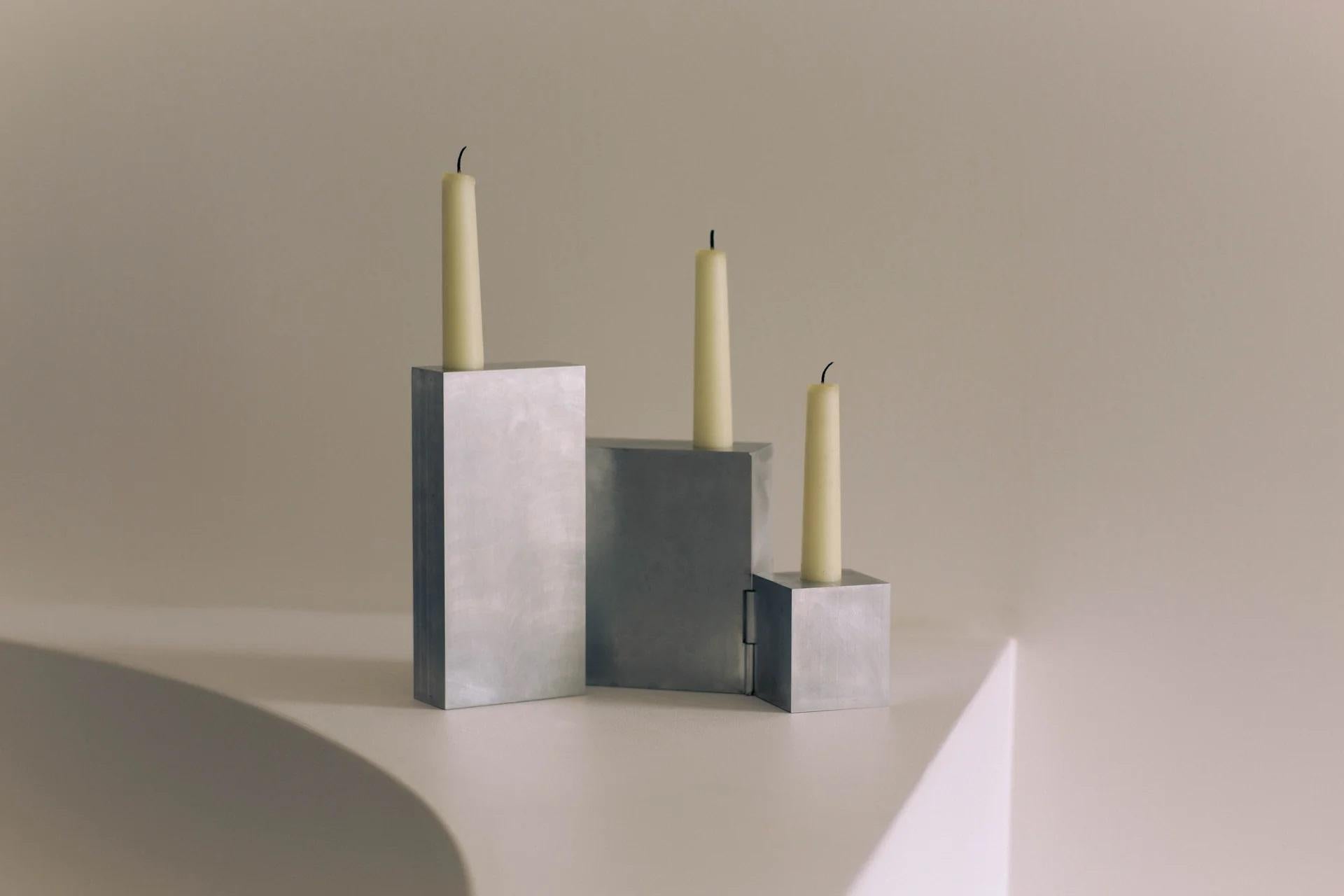 Moderno Contemporary Block Form Hinge Matte Aluminum Candelabra by Henry Wilson in vendita
