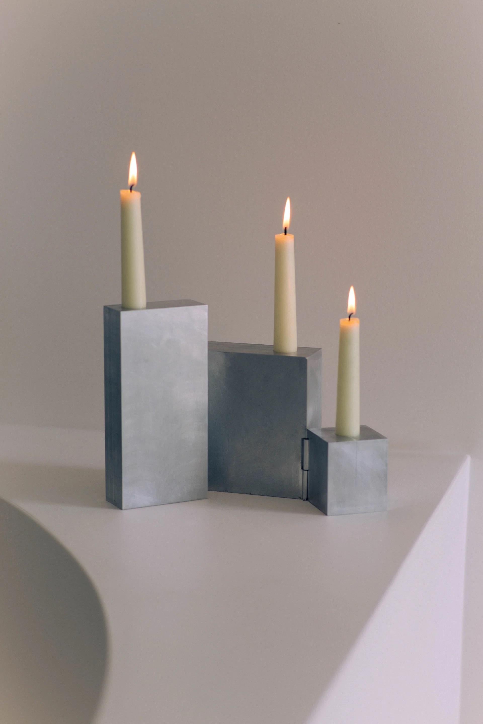 Australiano Contemporary Block Form Hinge Matte Aluminum Candelabra by Henry Wilson in vendita