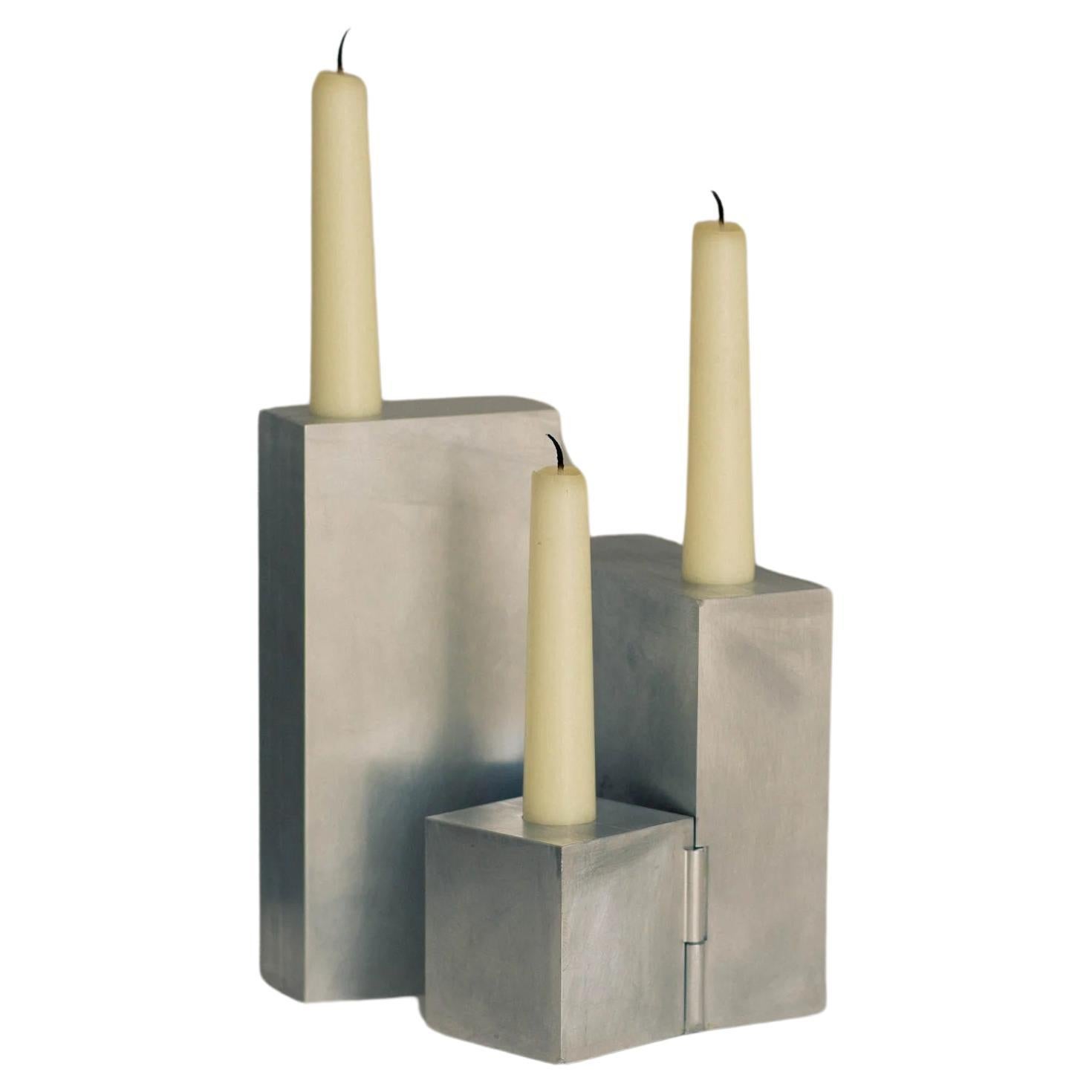 Contemporary Block Form Hinge Matte Aluminum Candelabra by Henry Wilson