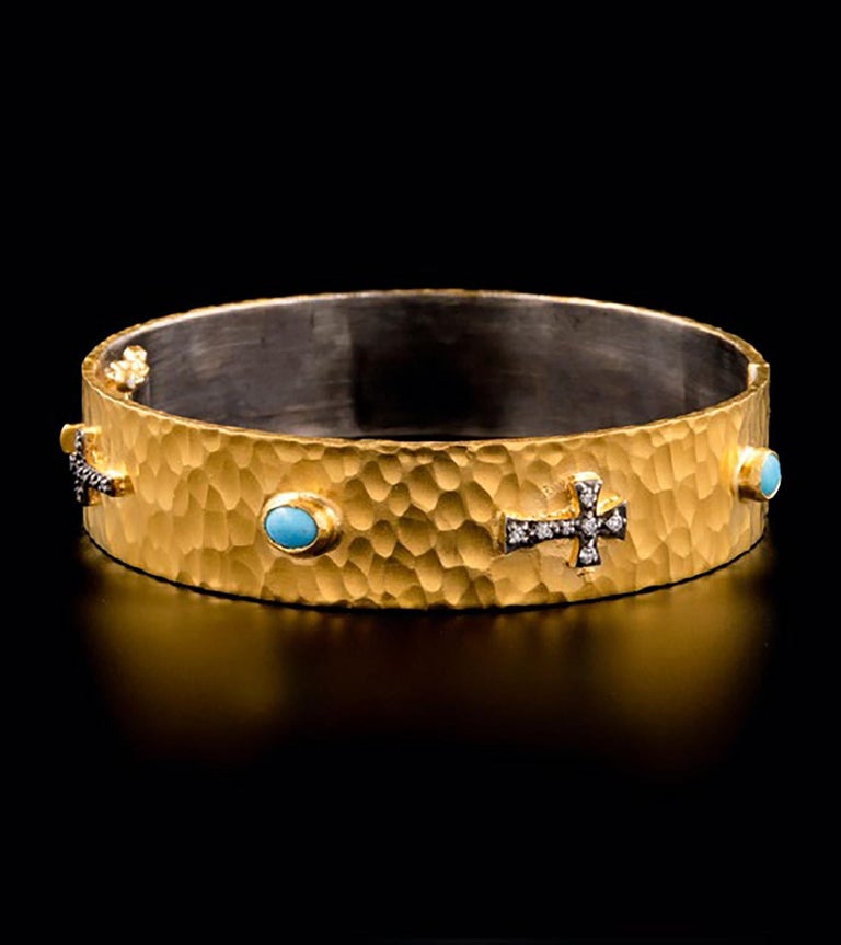 Hinge Bangle Bracelet with Crosses and Turquoise Diamonds and 24K Gold ...