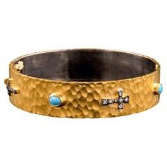 Hinge Bangle Bracelet with Crosses & Turquoise Diamonds & 24K Gold by Kurtulan