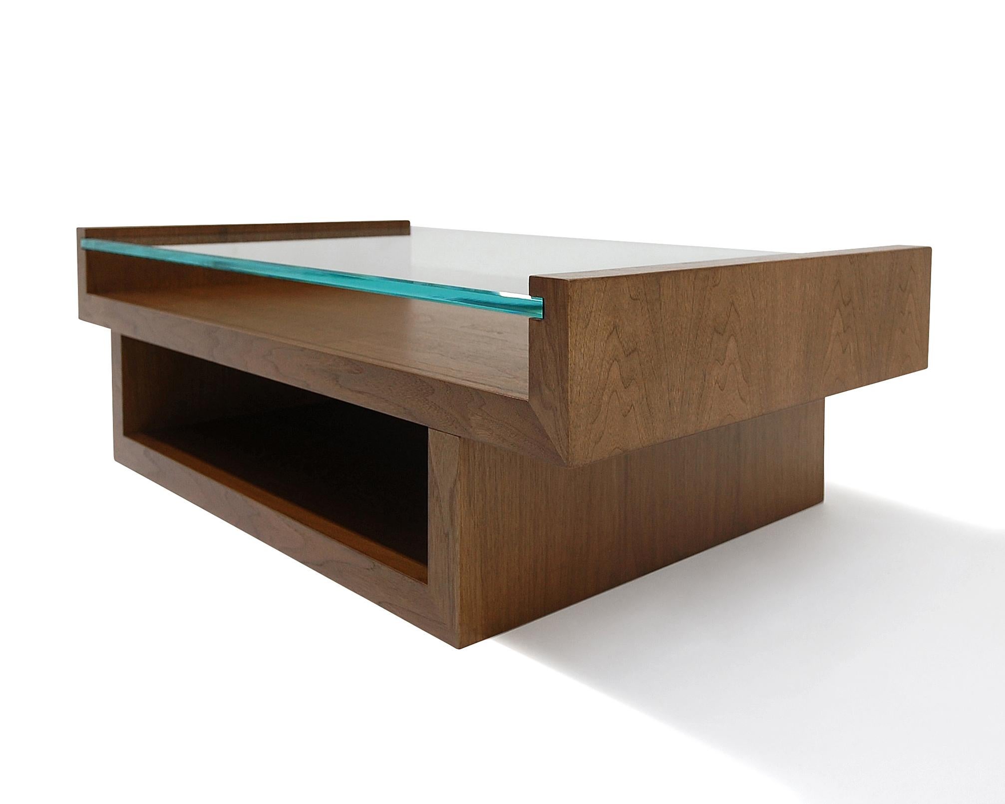 Hinge Coffee Table - Walnut with glass top custom  In New Condition For Sale In Ridgewood, NY