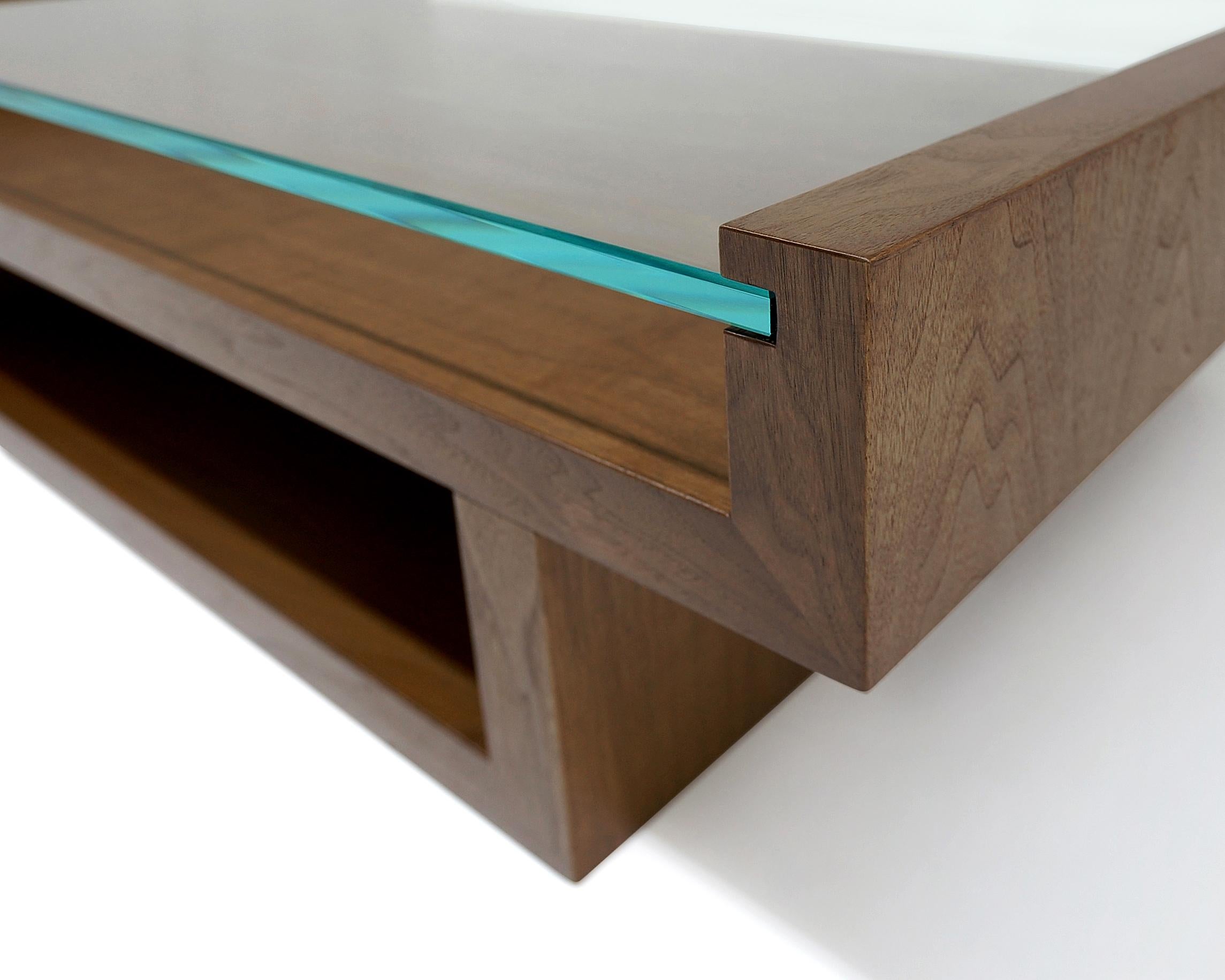 Contemporary Hinge Coffee Table - Walnut with glass top custom  For Sale