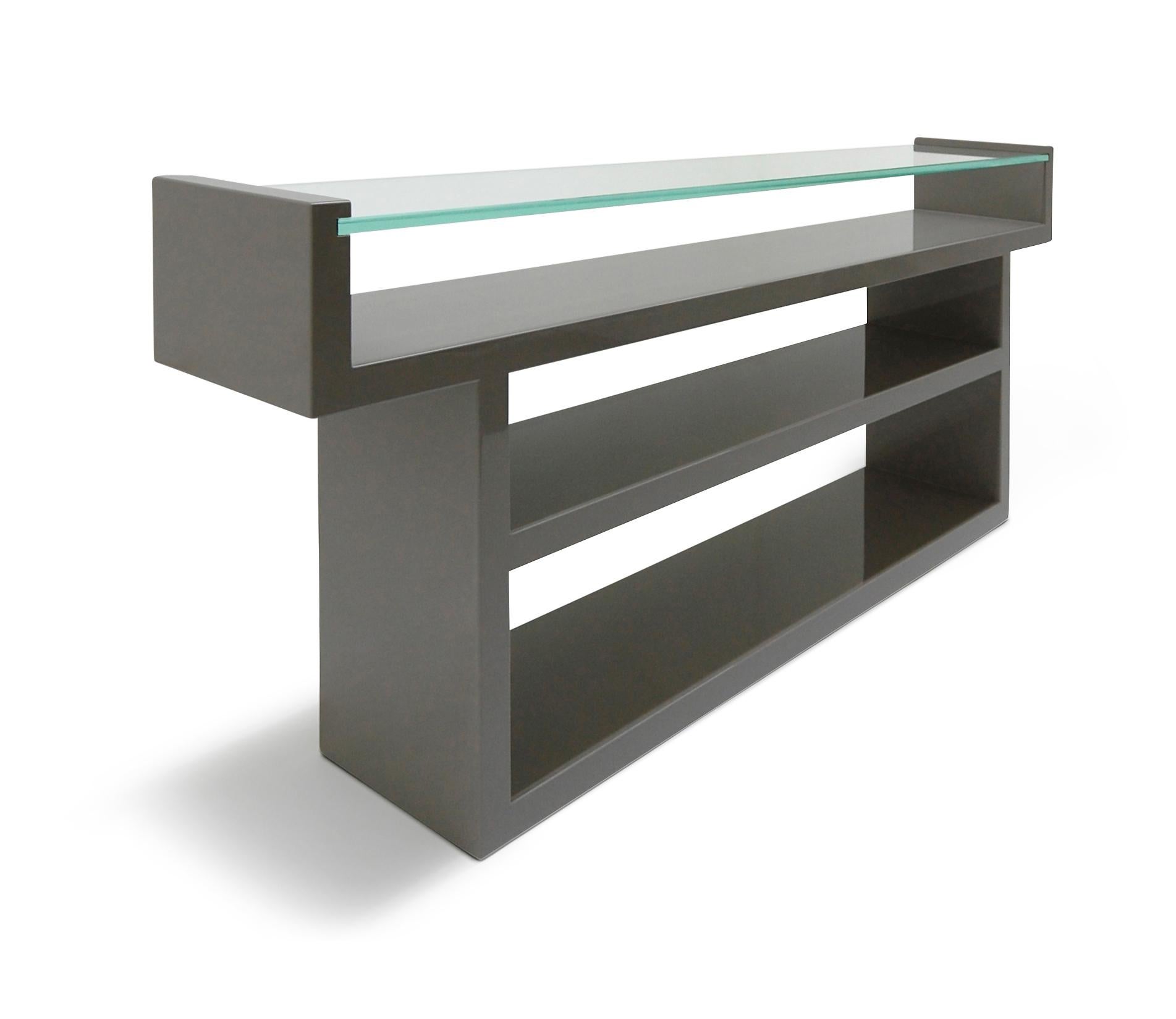 Other Hinge Console Table Lacquered with Glass Top Custom  For Sale