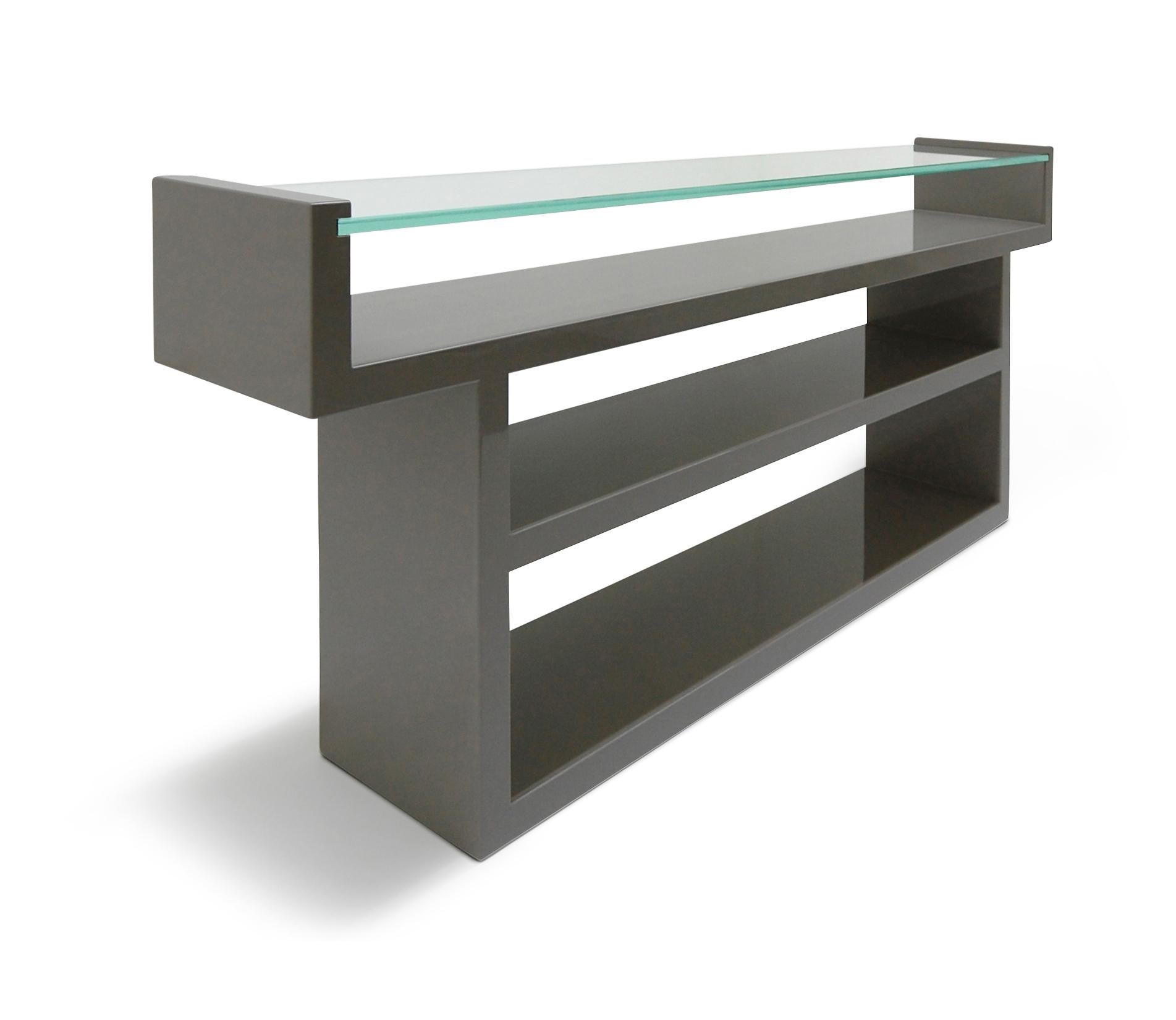Other Hinge Console Table Lacquered with Glass Top Custom For Sale