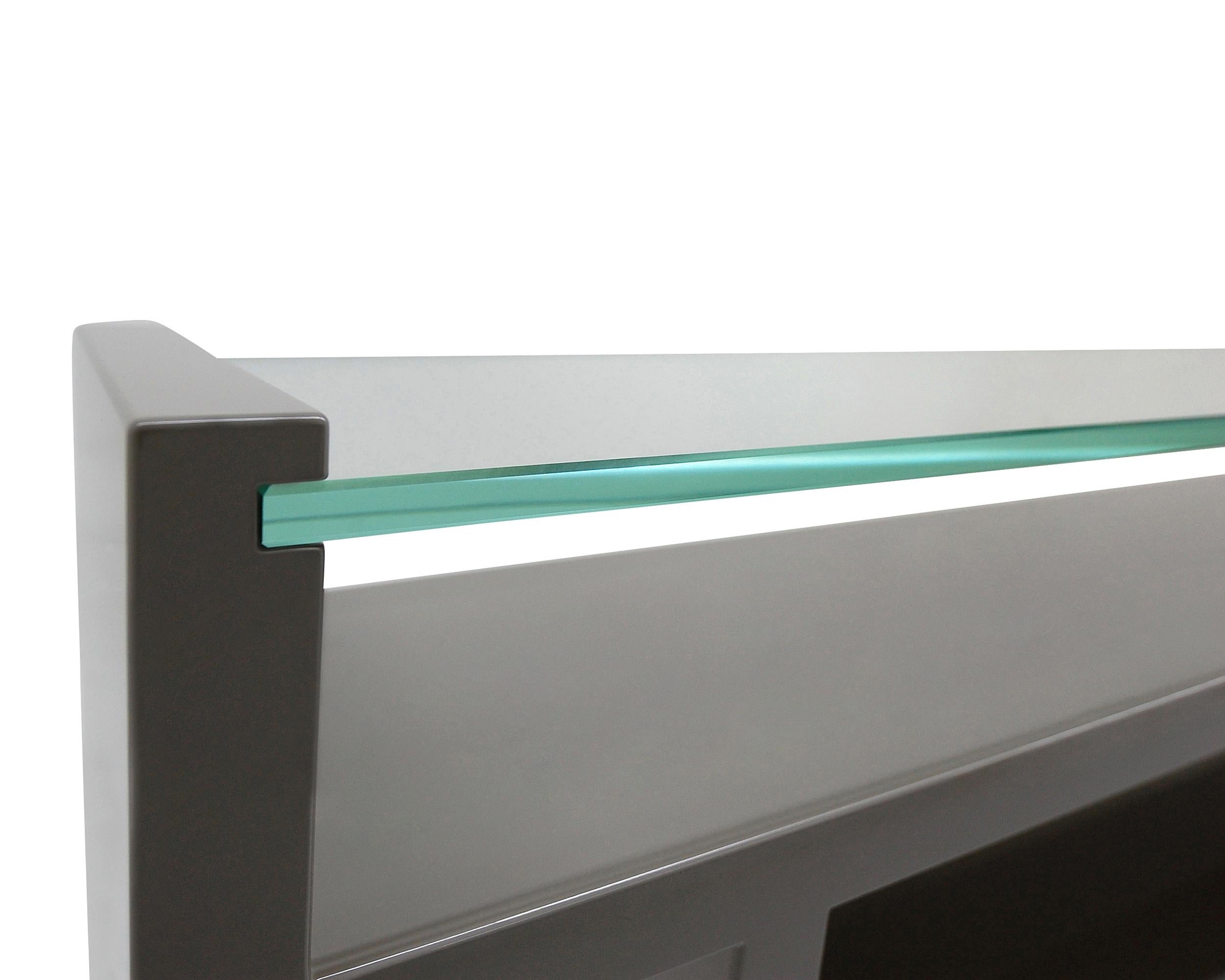 American Hinge Console Table Lacquered with Glass Top Custom For Sale
