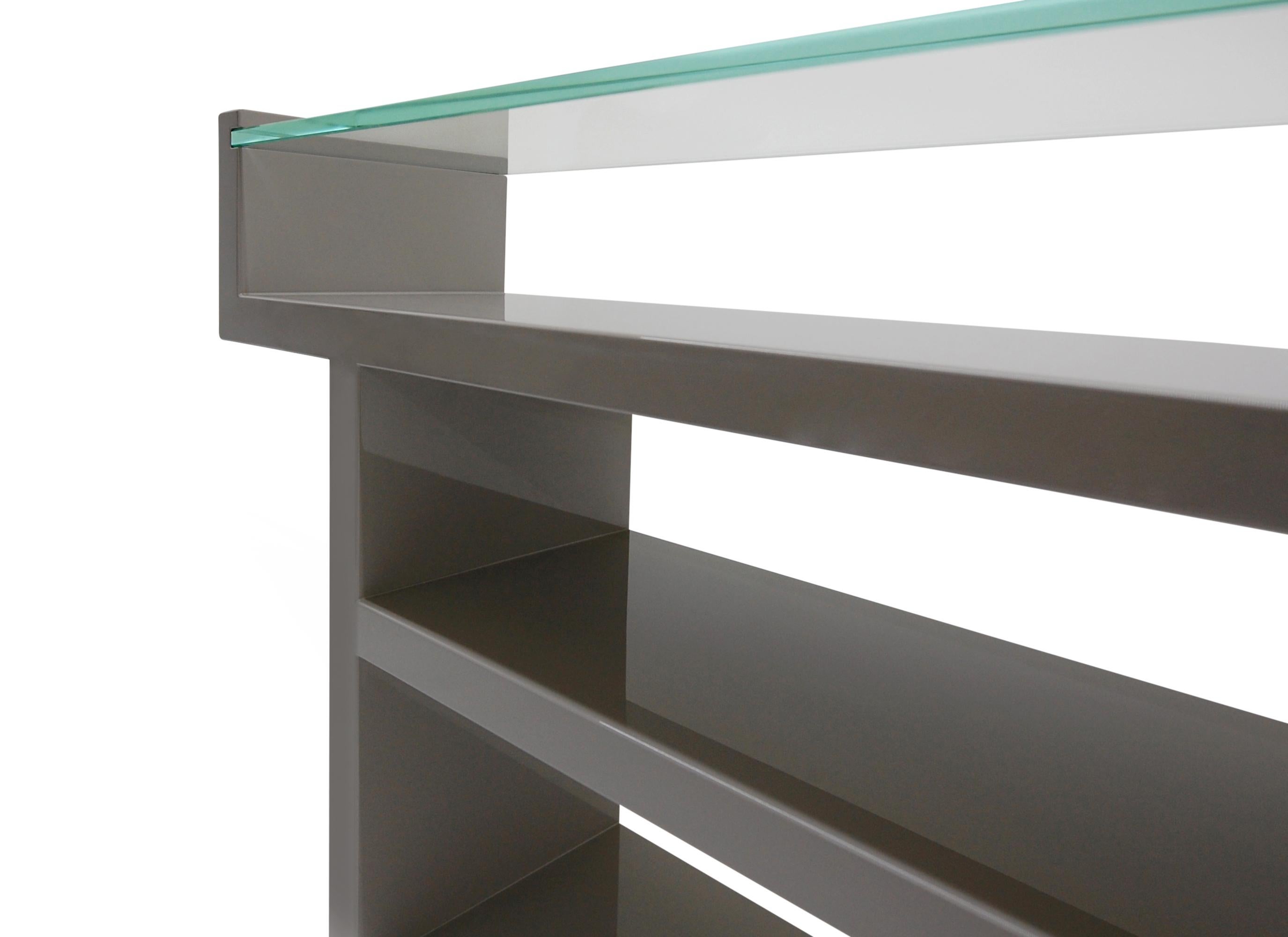 Hinge Console Table Lacquered with Glass Top Custom In New Condition For Sale In Ridgewood, NY