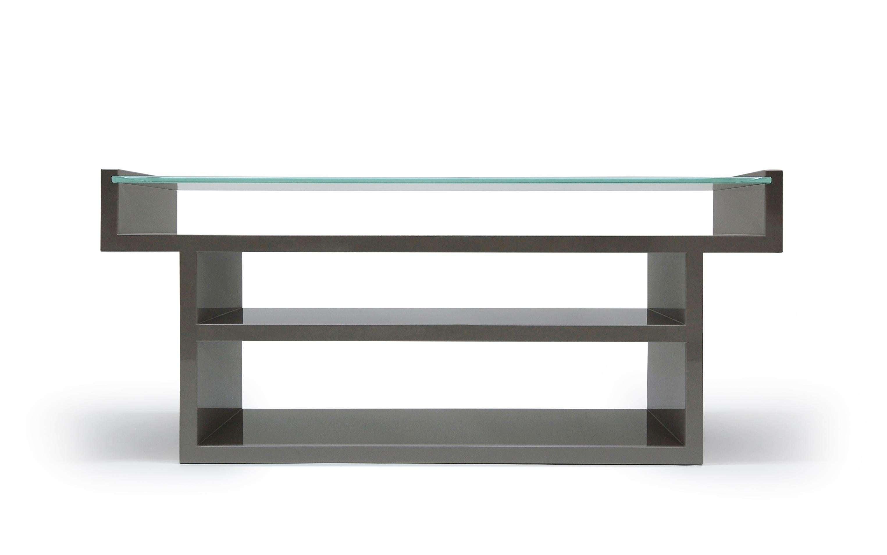 Contemporary Hinge Console Table Lacquered with Glass Top Custom  For Sale