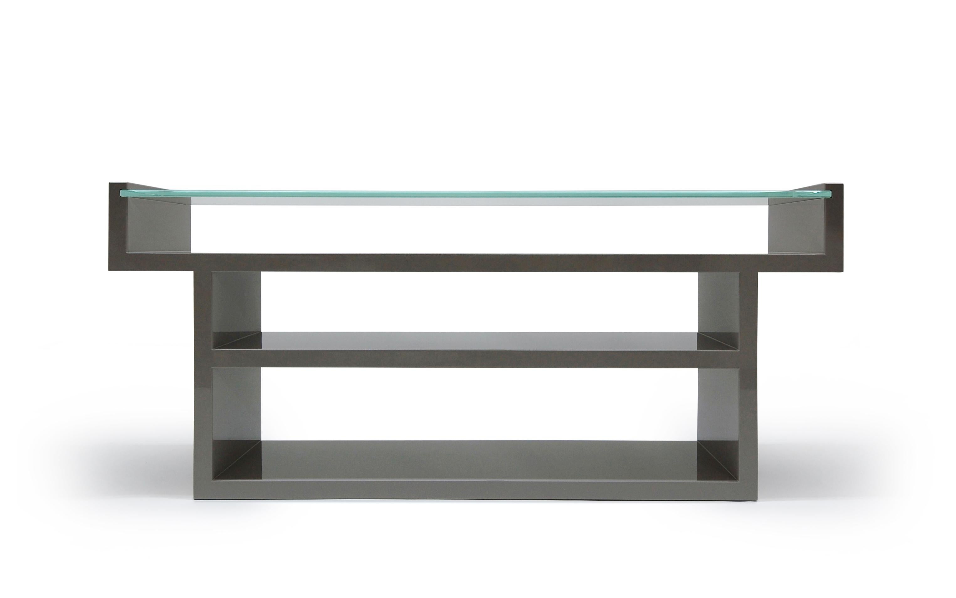 Contemporary Hinge Console Table Lacquered with Glass Top Custom For Sale