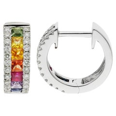 Hinged 18ct White Gold 0.30ct Diamond & 0.80ct Rainbow Sapphire Hoop Earrings