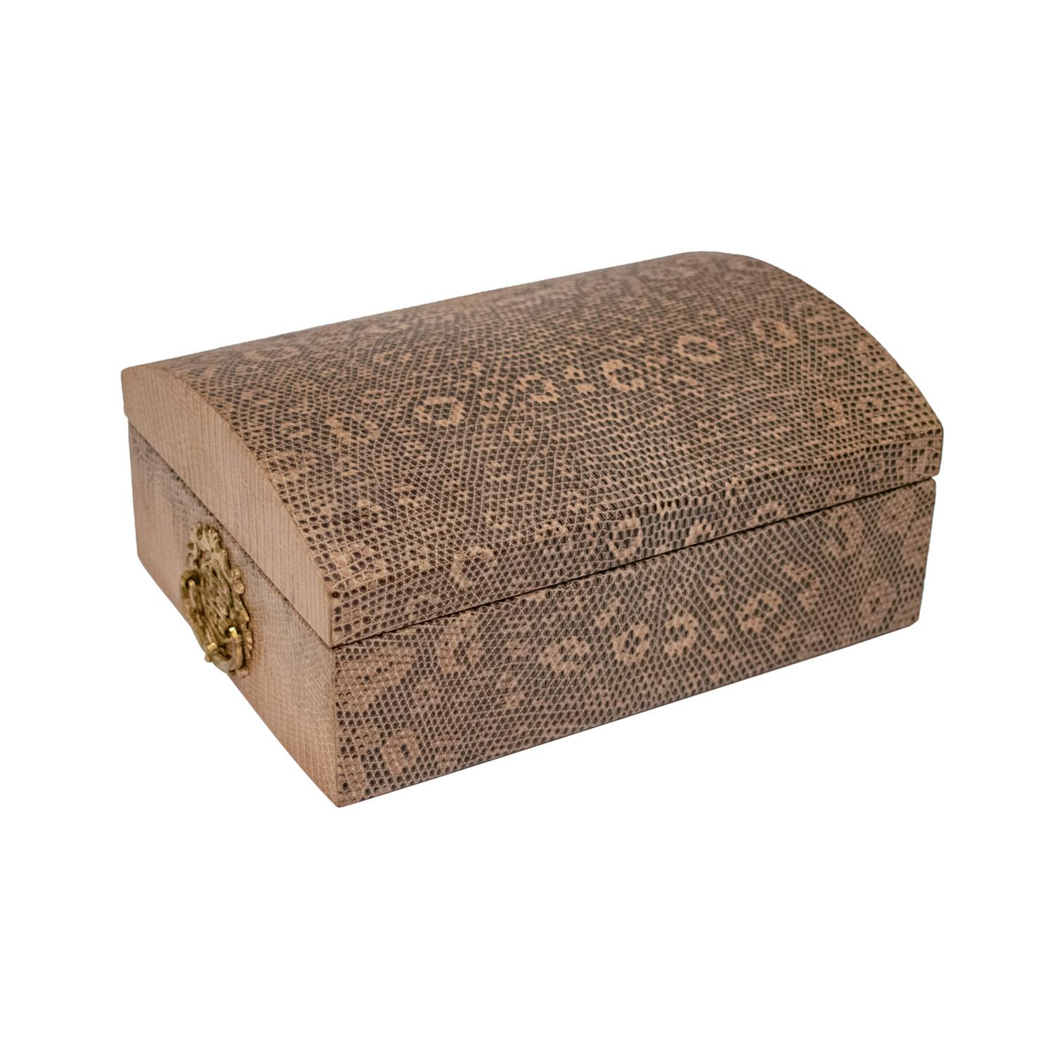 Beautifully crafted hinged box in reptile skin with brass Chinese accents on the sides, custom design, American 1970's.  Interior is covered in suede.  Bottom is covered in silk moire.  It’s a stunning accent piece with superb craftsmanship.