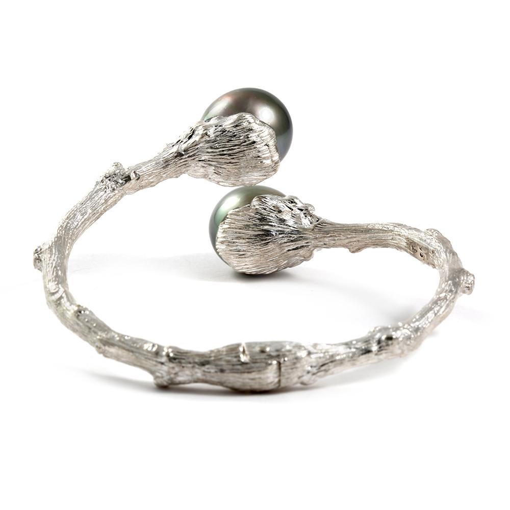 Contemporary Hinged Bypass Bracelet in Sterling Silver with Tahitian Pearls For Sale