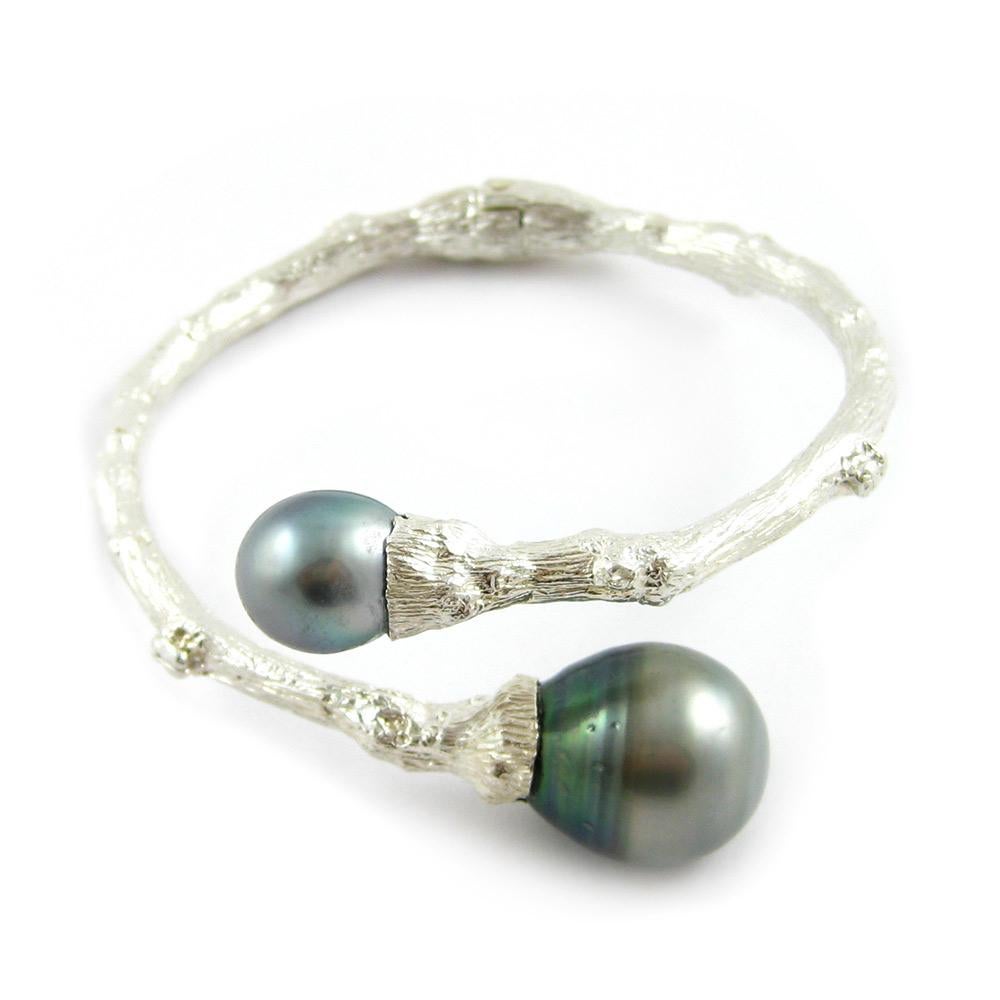 Women's Hinged Bypass Bracelet in Sterling Silver with Tahitian Pearls For Sale