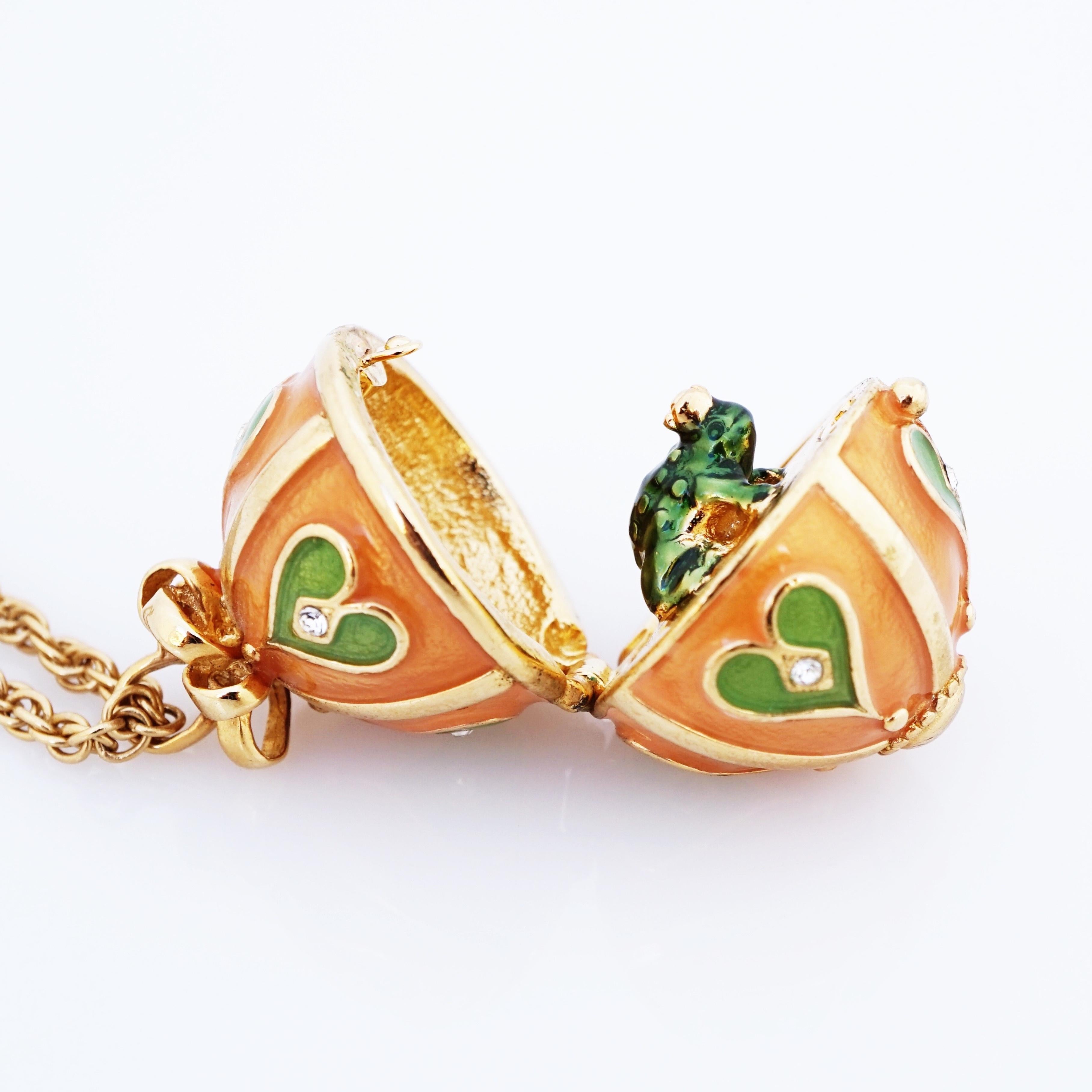Modern Hinged Enamel Egg Pendant Necklace With Frog Prince Figure By Joan Rivers, 1990s