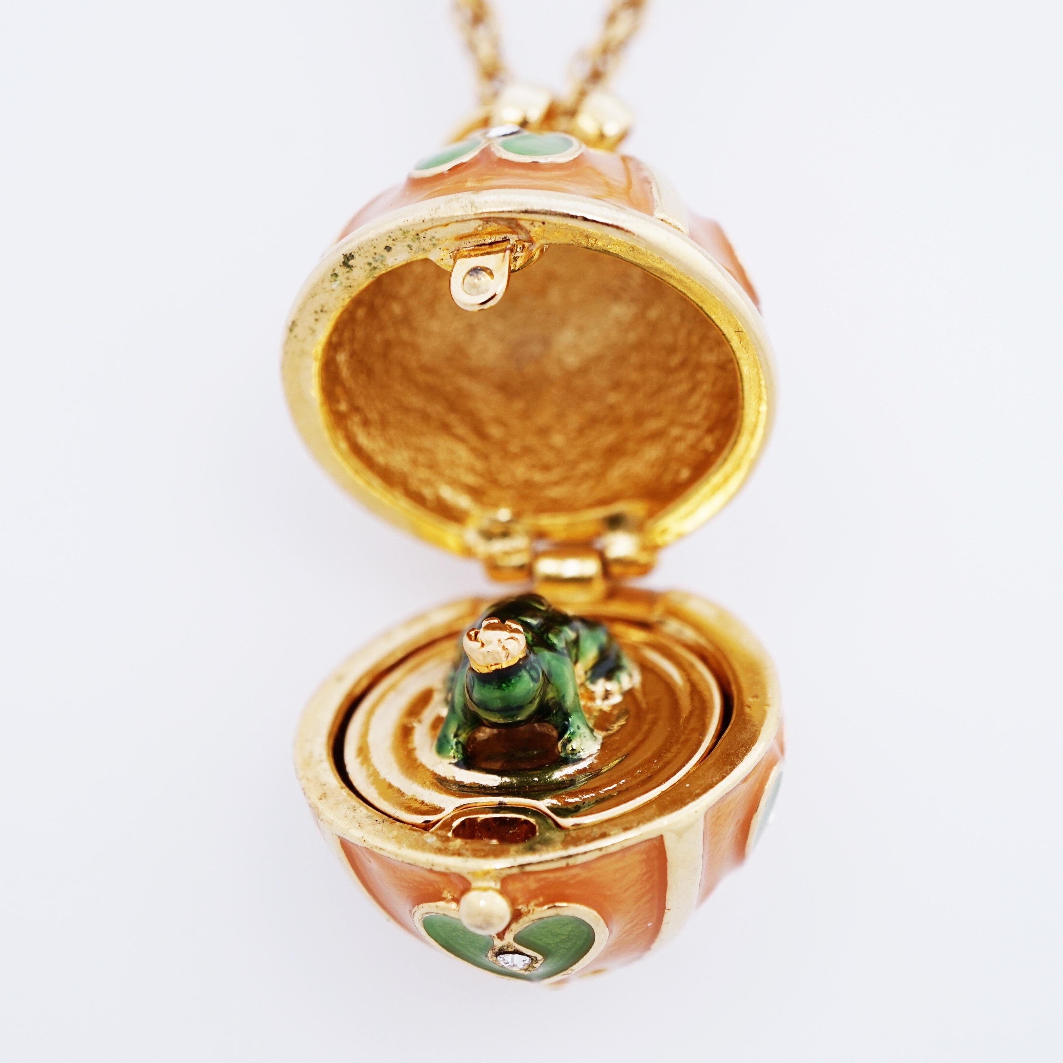 Hinged Enamel Egg Pendant Necklace With Frog Prince Figure By Joan Rivers, 1990s In Good Condition In McKinney, TX