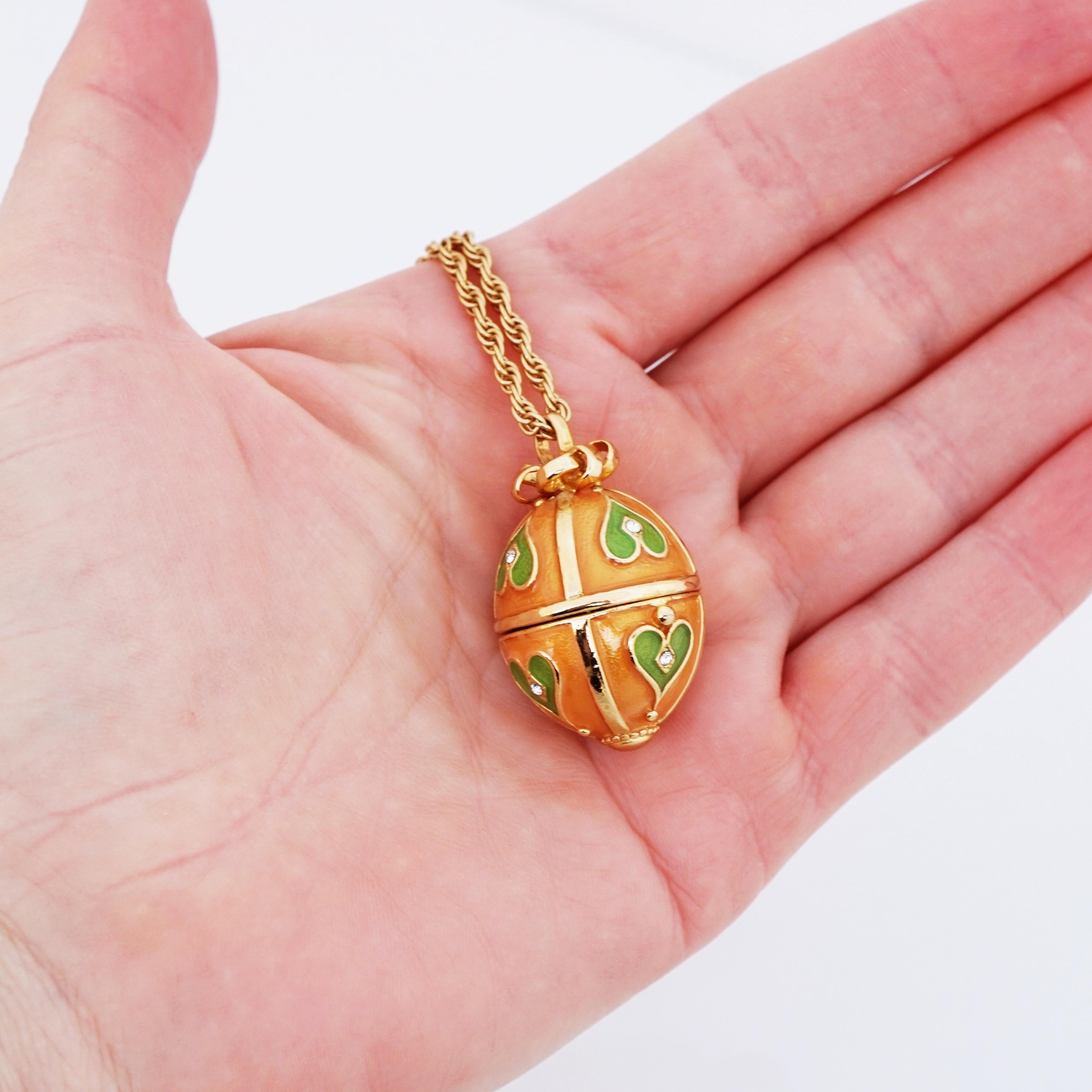 Hinged Enamel Egg Pendant Necklace With Frog Prince Figure By Joan Rivers, 1990s 1