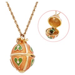Hinged Enamel Egg Pendant Necklace With Frog Prince Figure By Joan Rivers, 1990s
