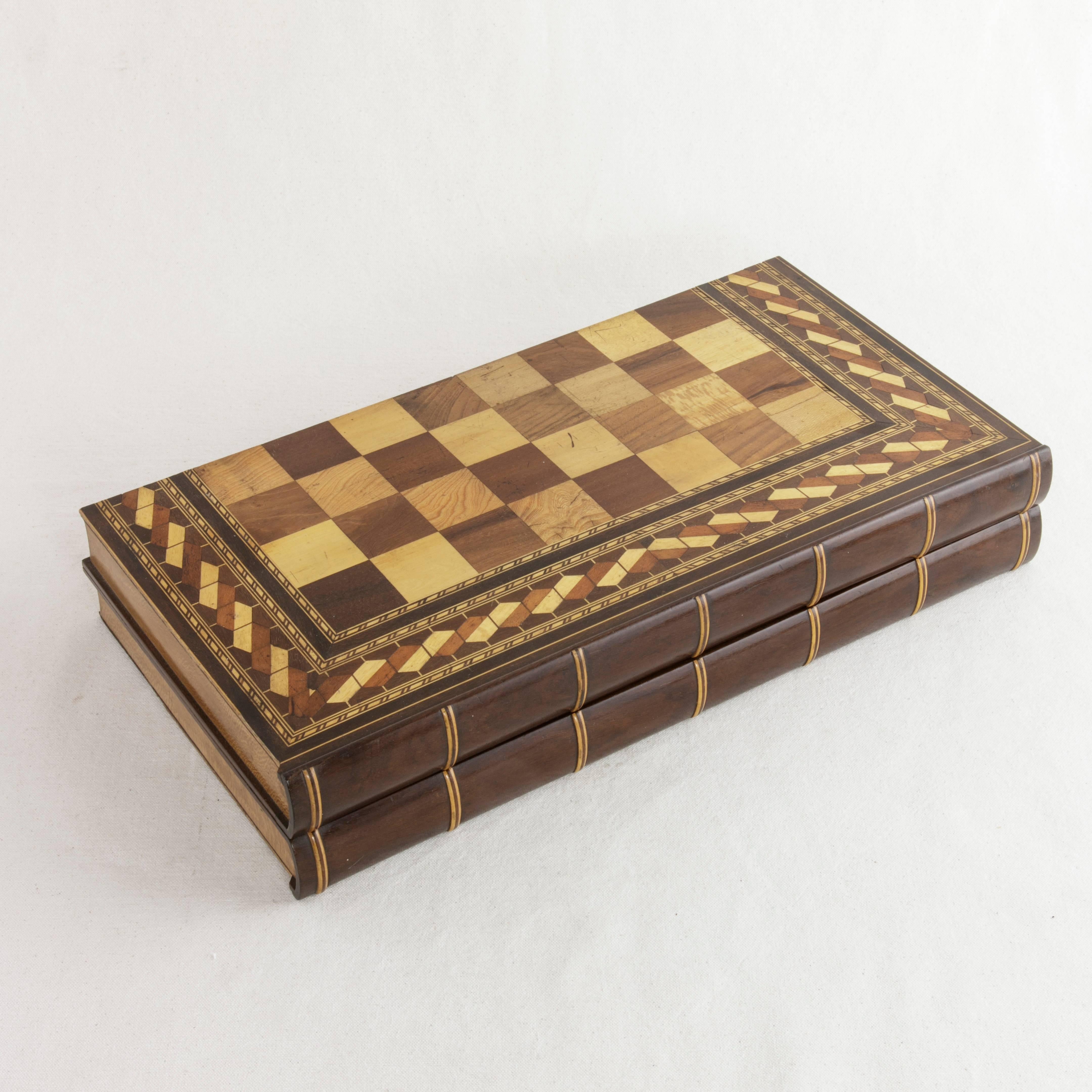 French Hinged Marquetry Game Box for Chess, Checkers, Backgammon, Stacked Books Form