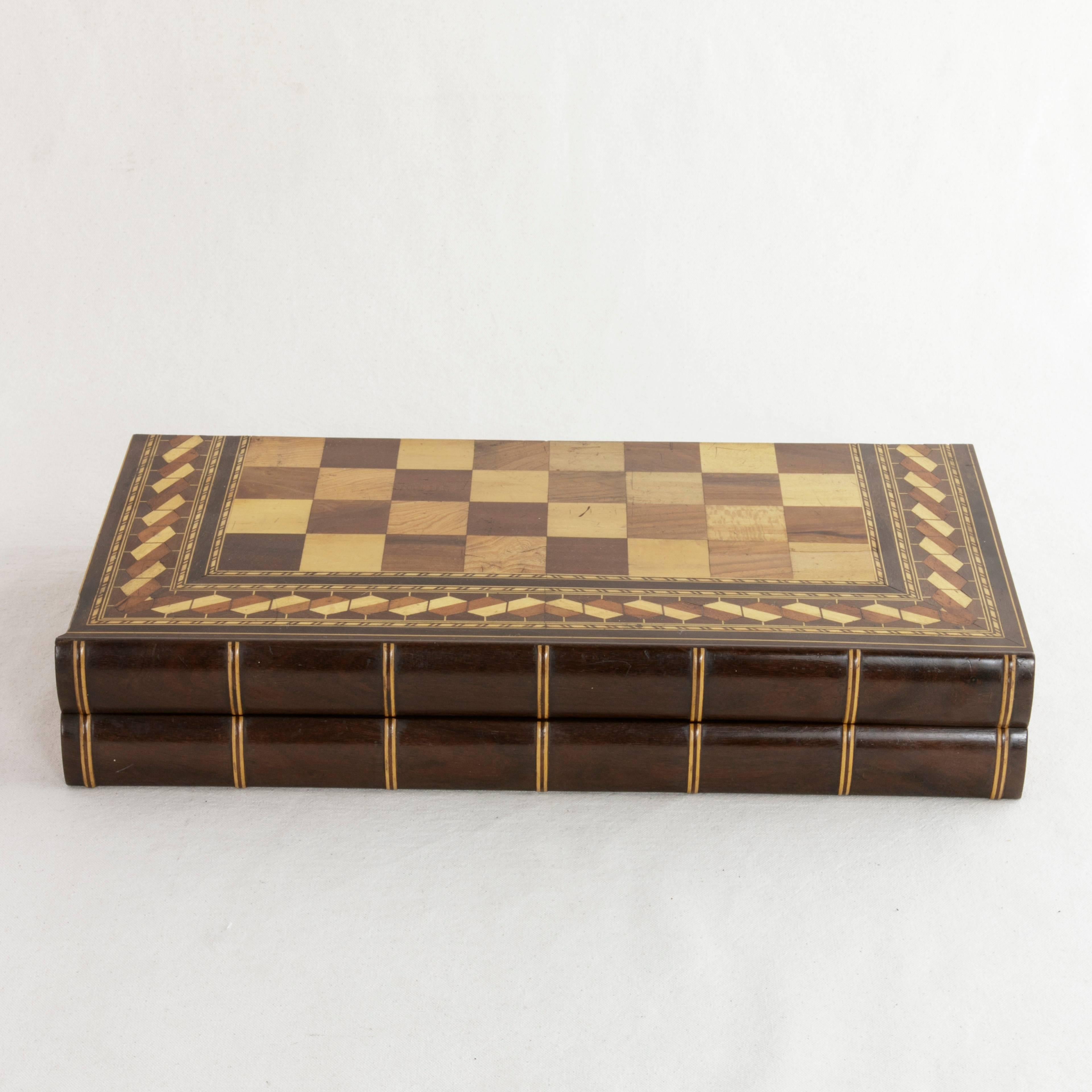 Inlay Hinged Marquetry Game Box for Chess, Checkers, Backgammon, Stacked Books Form