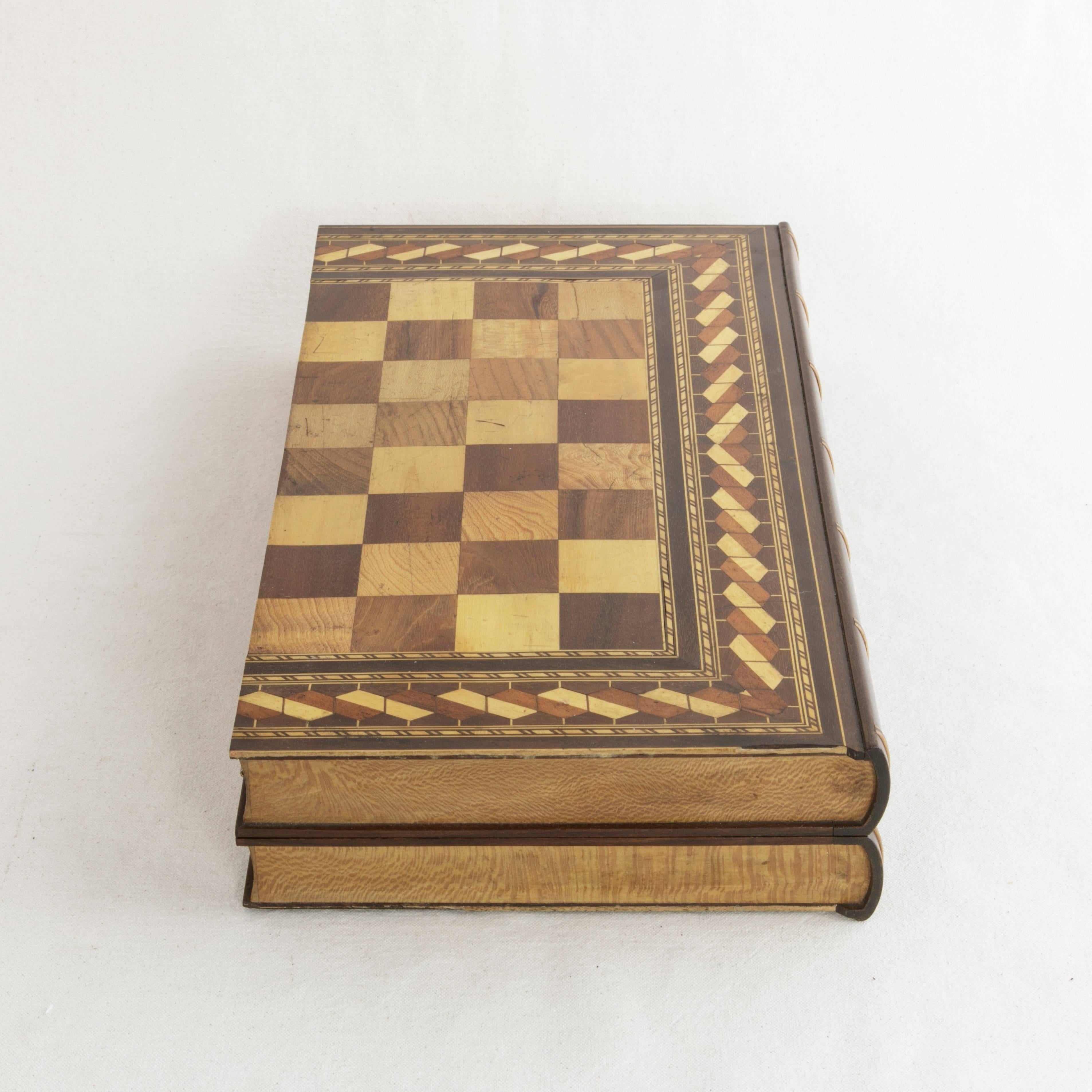20th Century Hinged Marquetry Game Box for Chess, Checkers, Backgammon, Stacked Books Form