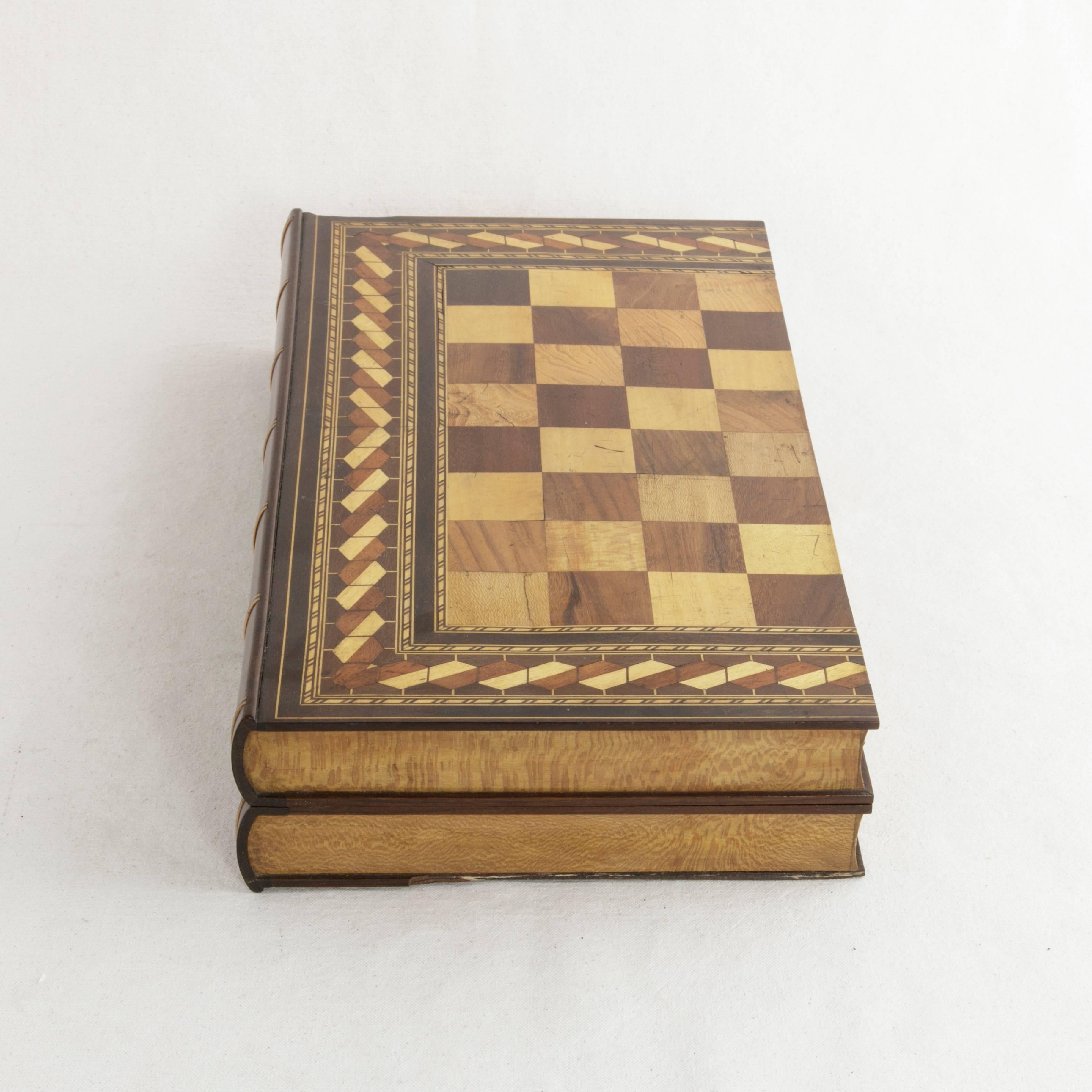 Fruitwood Hinged Marquetry Game Box for Chess, Checkers, Backgammon, Stacked Books Form