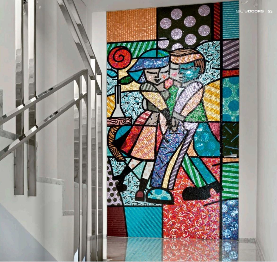 Contemporary Hinged or Vertical Pivot Door Decorated Artistic Mosaic Fire Resistant Bespoke For Sale