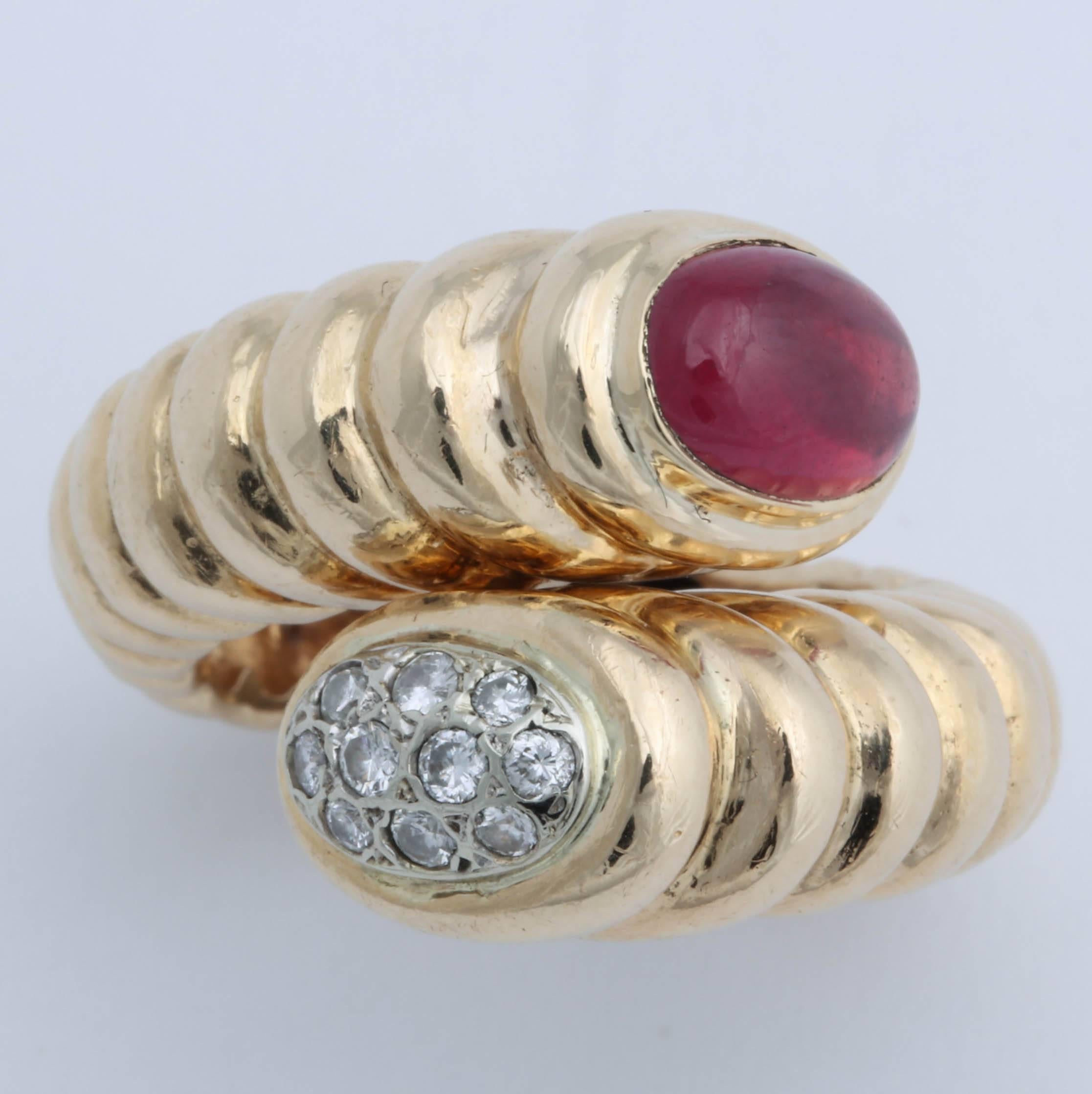Hinged Oval Cabochon Ruby and Opposing Oval Pave Diamond Ring 2