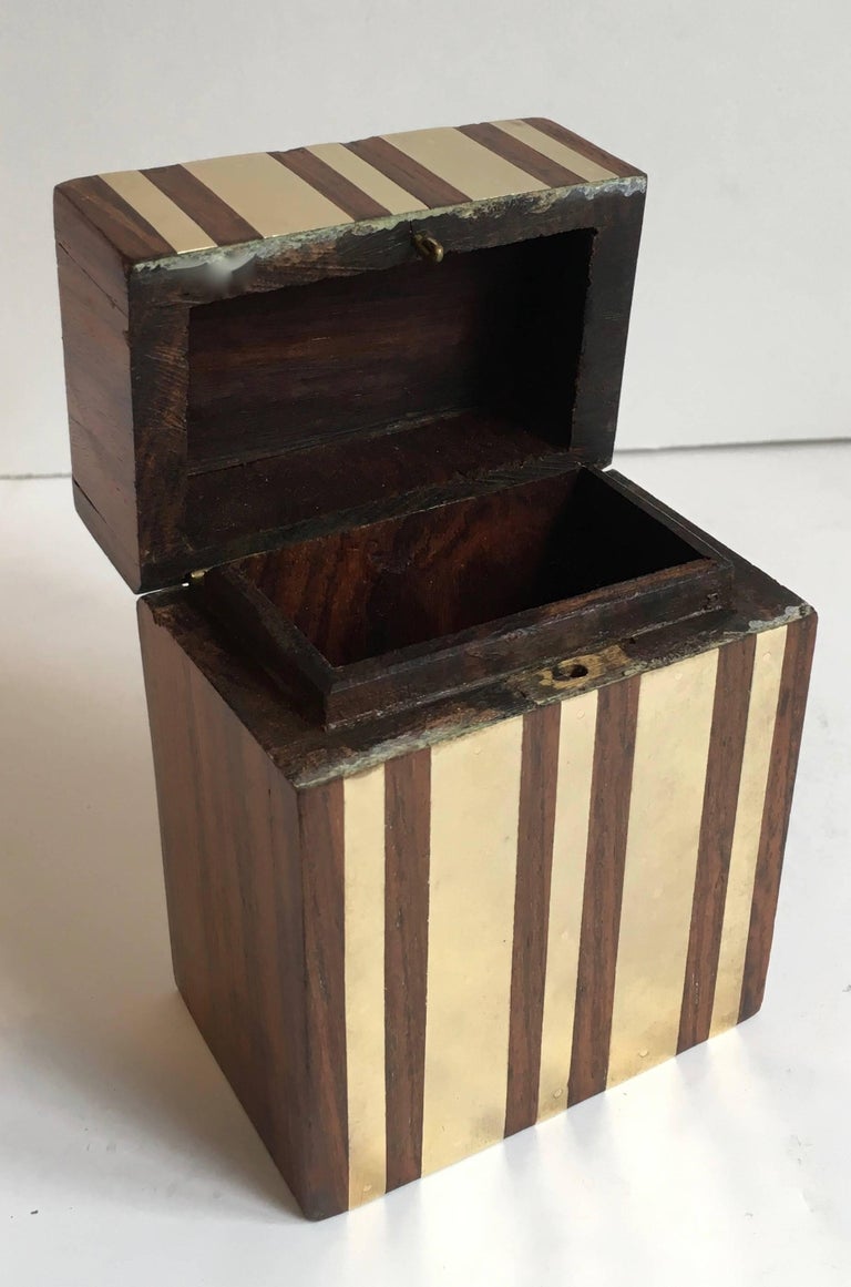 Hinged Wooden Box with Inlaid Brass Strips For Sale at 1stDibs