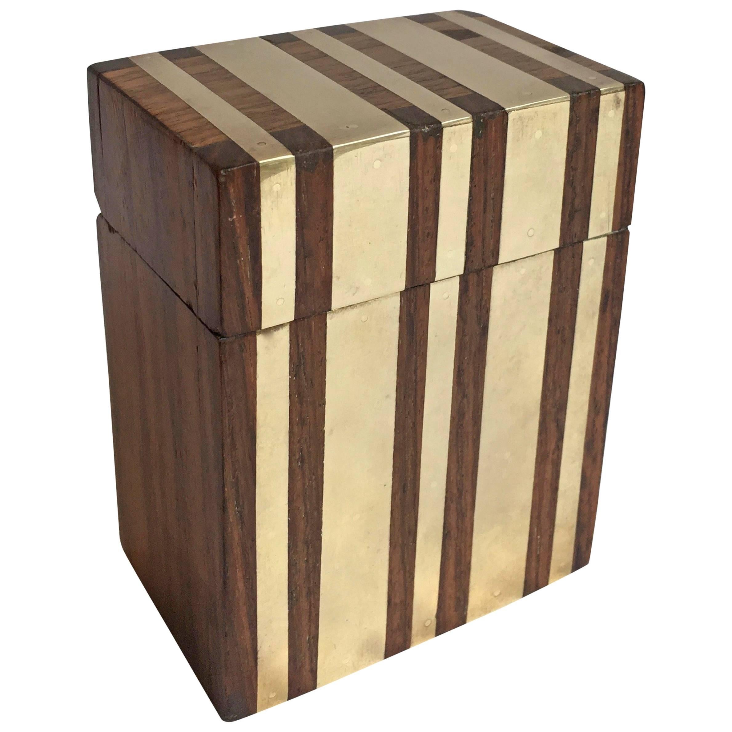 Hinged Wooden Box with Inlaid Brass Strips For Sale
