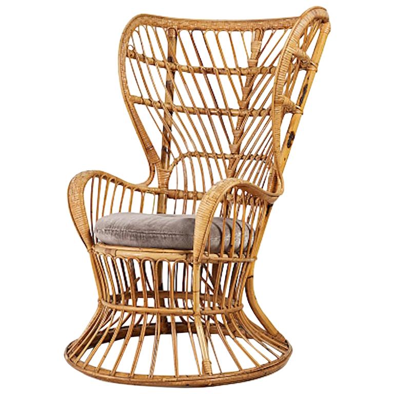 Hip Rattan Lounge Chair with Brown Removable Cushion by Leo Carminati, c 1948