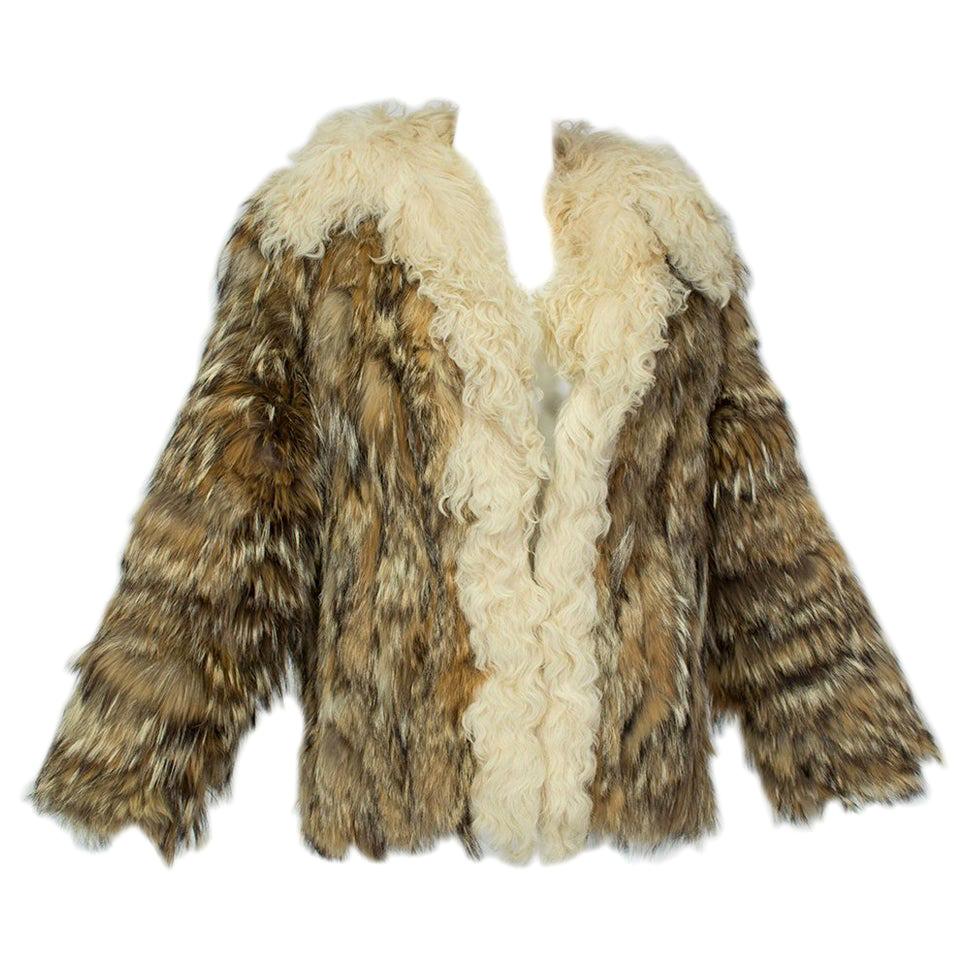 Hippie Coyote Fur and Mongolian Lamb Chubby Jacket, Neiman Marcus - Medium 1970s