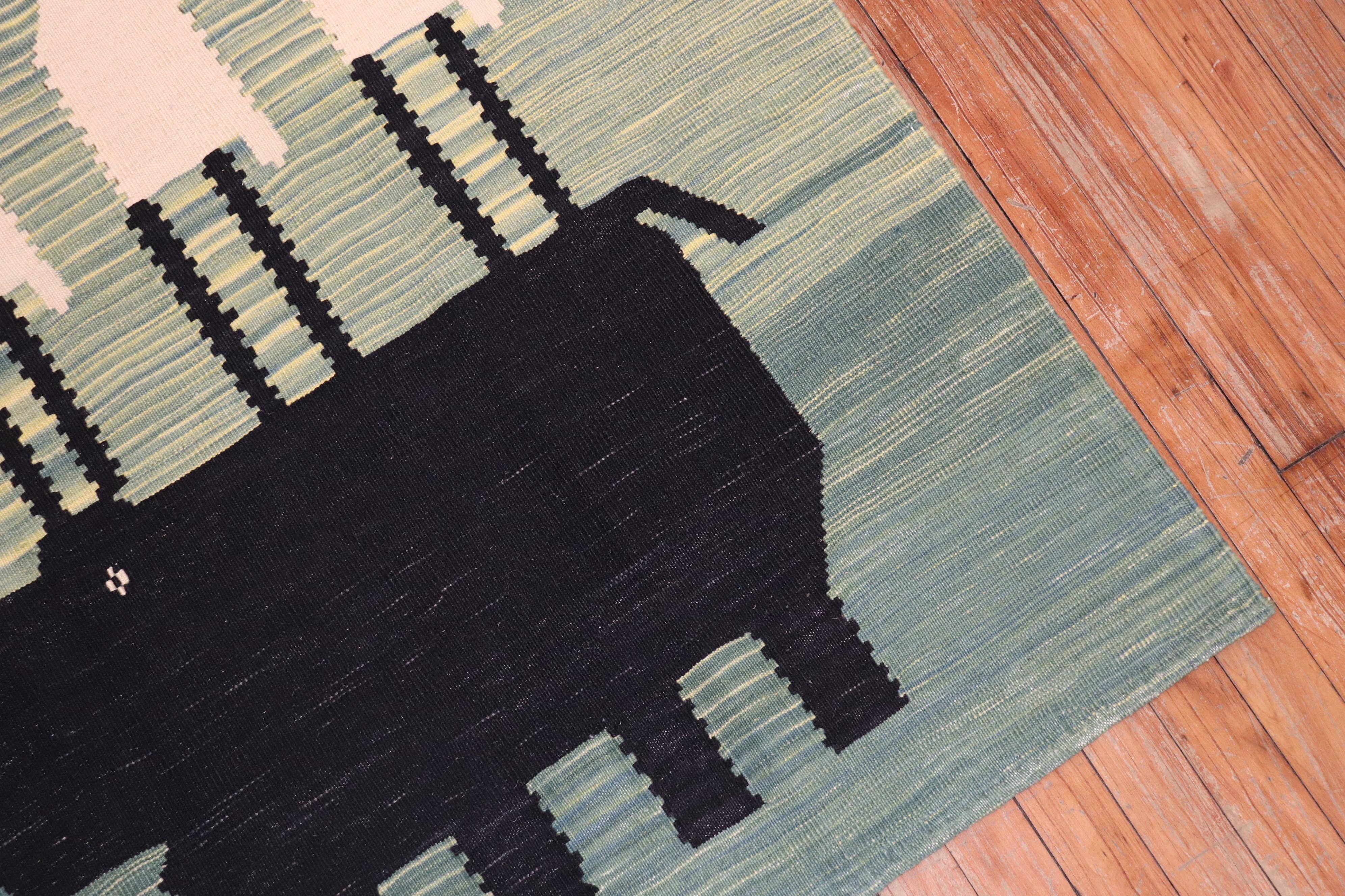 Square scatter size Persian Kilim from the 20th century with 4 ostriches on top of a black hippopotamus on a green field this was originally belonging to a private Persian collector who requested to make a custom collection of flat-weaves with