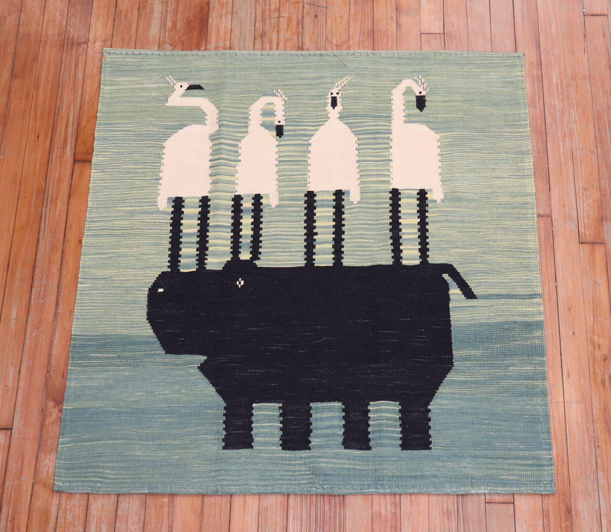 20th Century Hippo Ostrich Pictorial Persian Flat-Weave