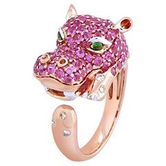 Hippo Pink Sapphire Green Garnet & Diamond Pave 18K Rose Gold Animal Ring
