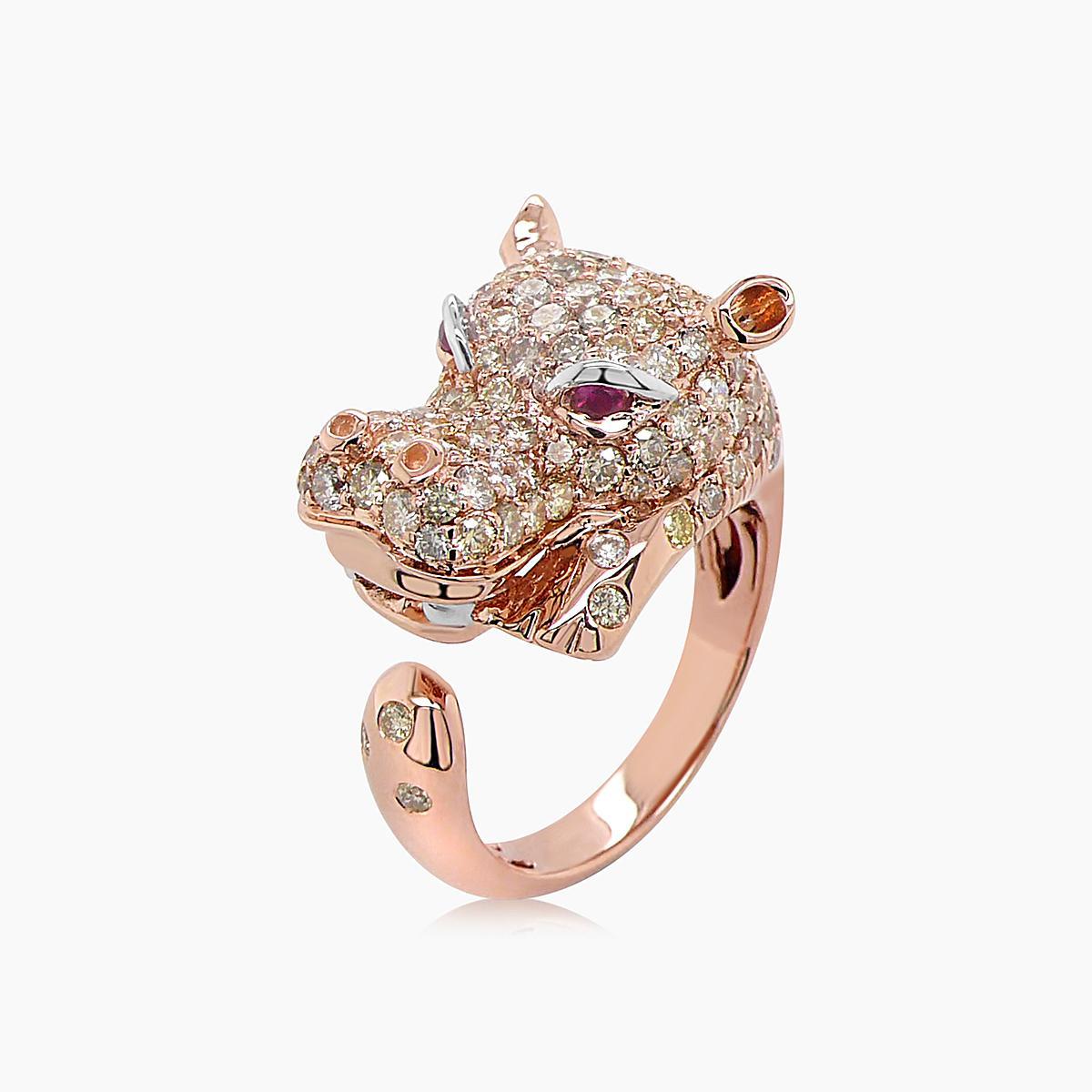 Hippo Rot Pink Rubin & Diamant Pave 18K Rose Gold Tier Ring im Zustand „Neu“ im Angebot in Oakton, VA