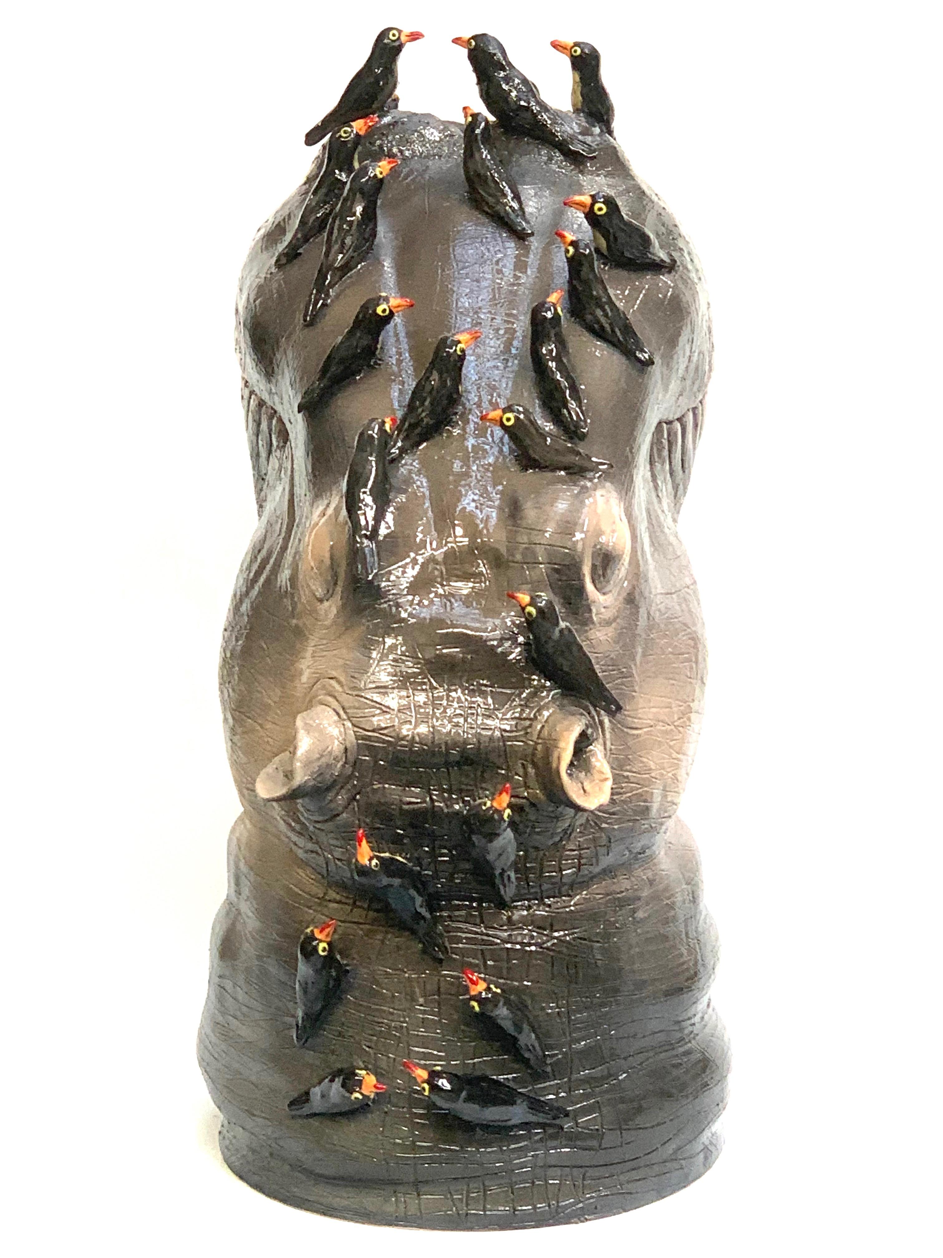 Modern Hippo with Birds, Ceramic Centerpiece, Handmade Design in Italy, 2021 For Sale