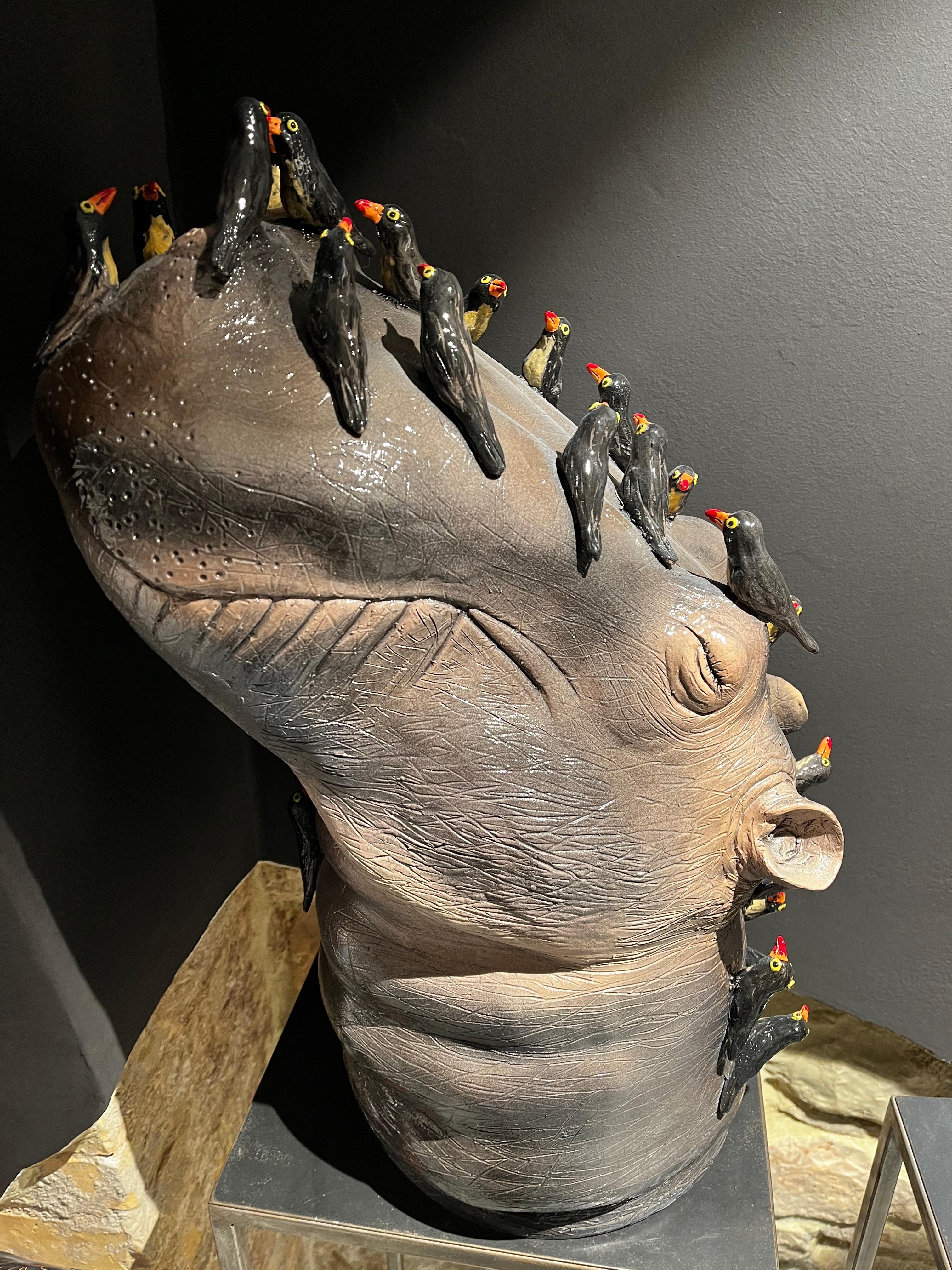 Contemporary Hippo with Birds, Ceramic Centerpiece, Handmade Design in Italy, 2021 For Sale