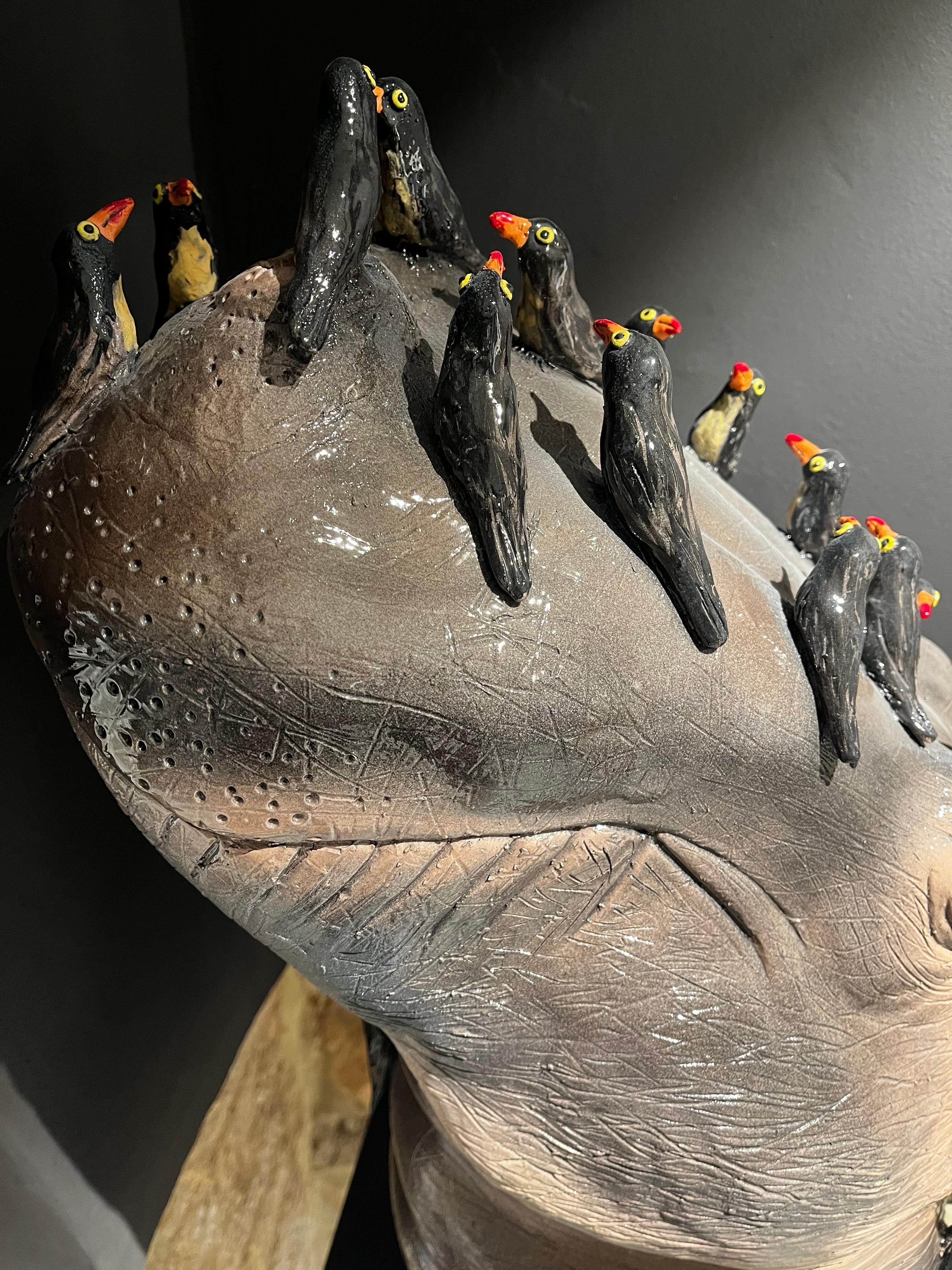 Hippo with Birds, Ceramic Centerpiece, Handmade Design in Italy, 2021 For Sale 1
