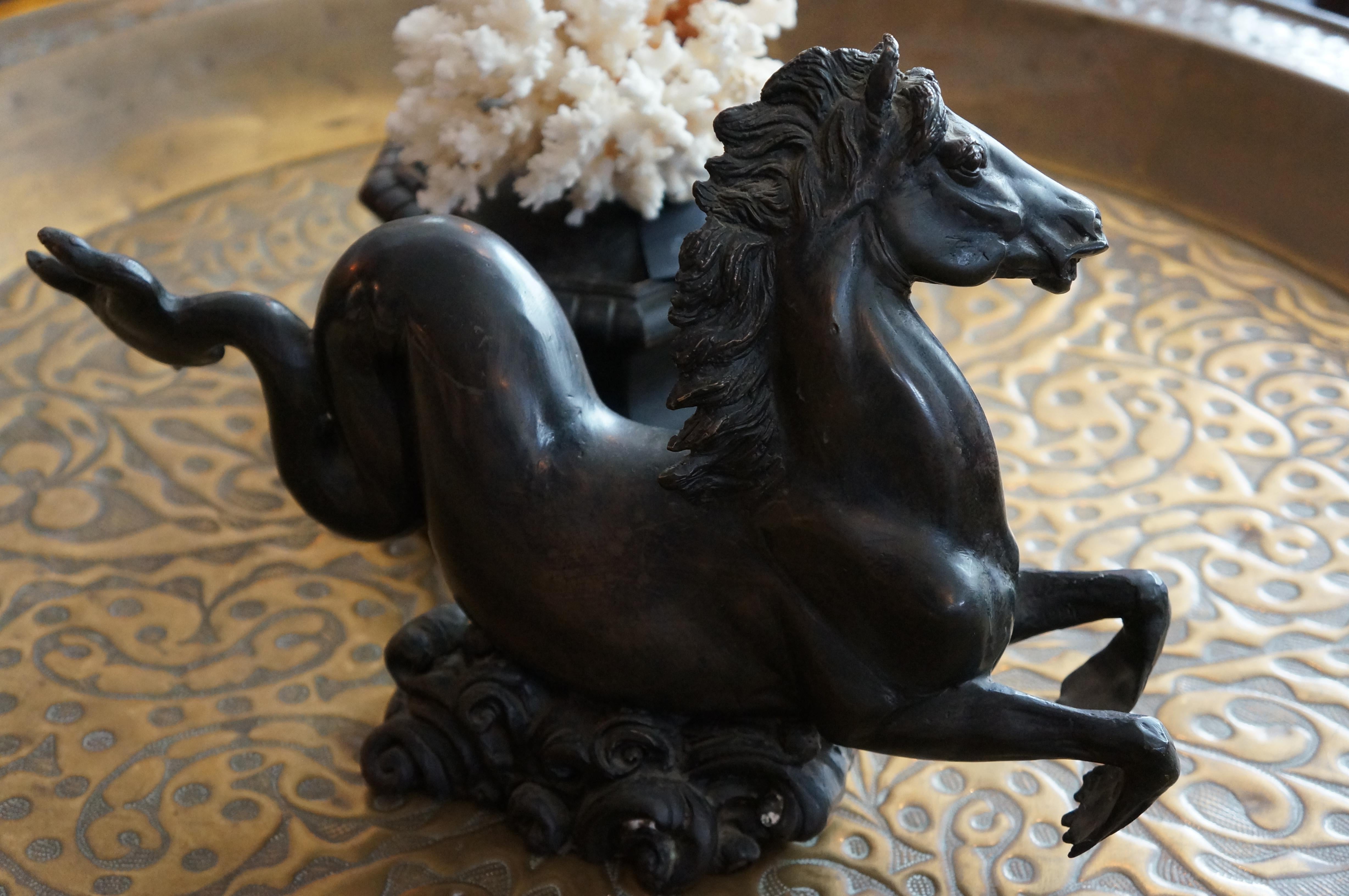 Unique Hippocampus, a mystic creature of horse and beast of the sea, in a mid-century bronze from France.
 