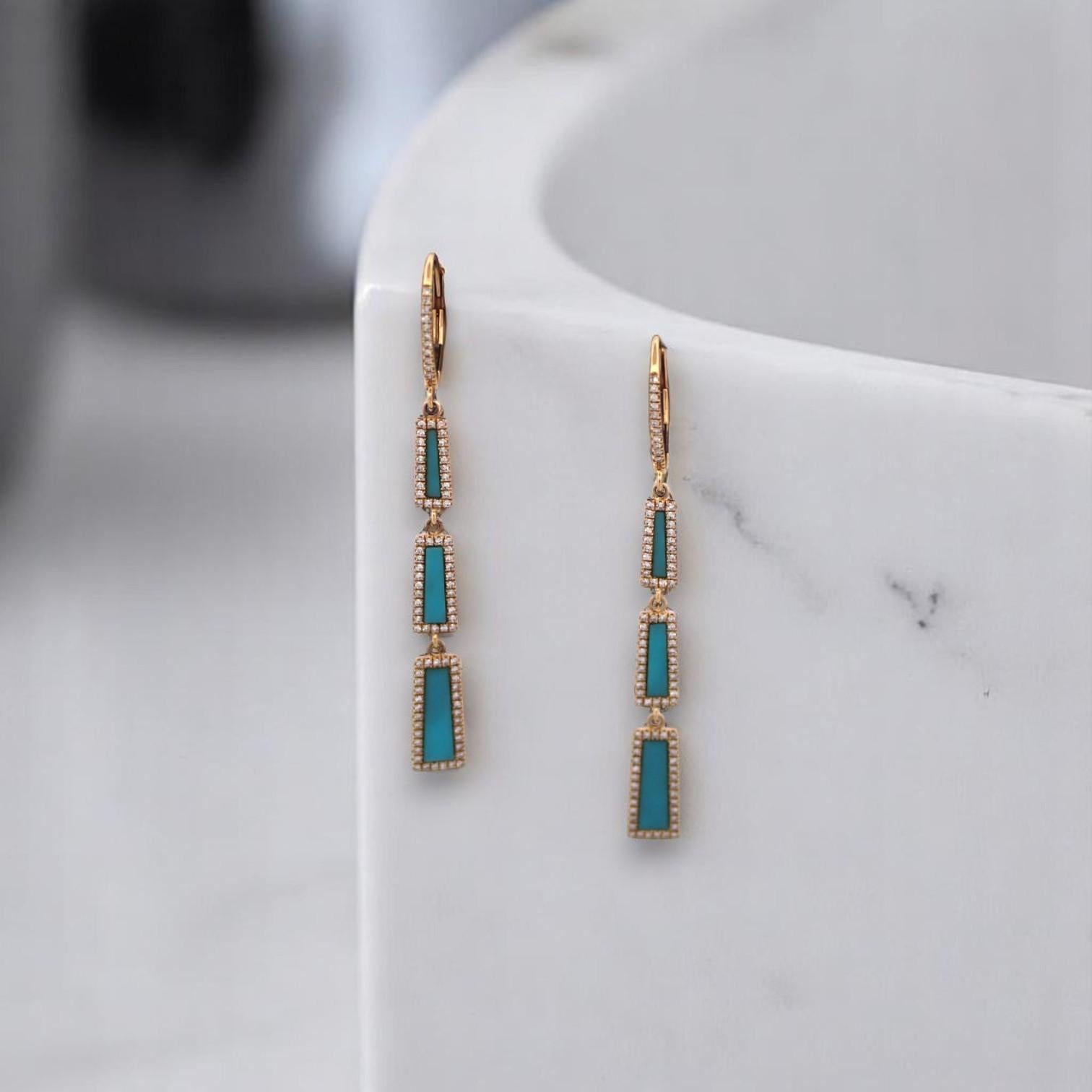 Baguette Cut Hippolyta  14k Yellow Gold Leverback Earrings – .78 ct Turquoise For Sale