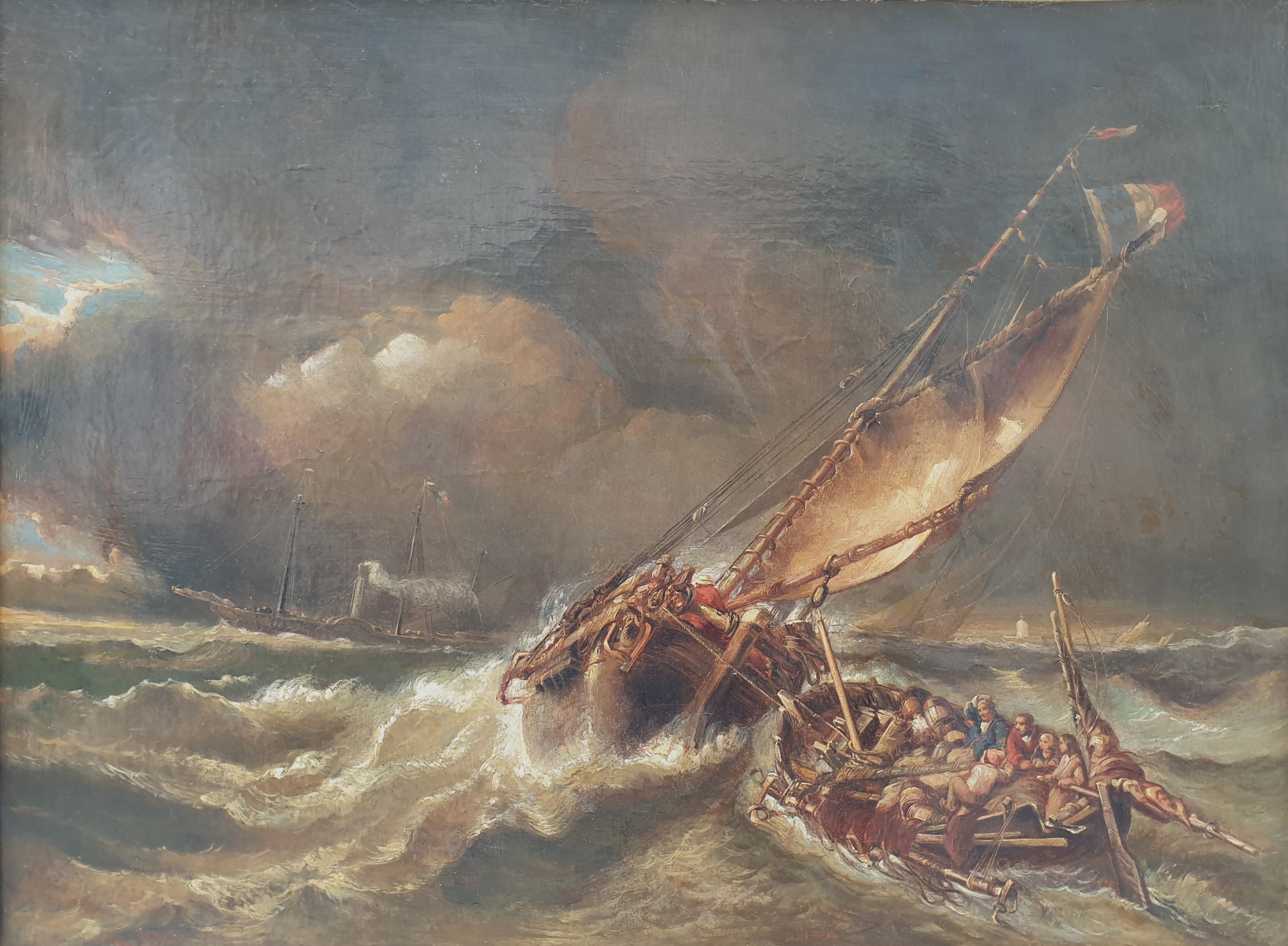 ADAM Marine tempest rescue boats romantic french painting ISABEY 19th  - Painting by Hippolyte ADAM