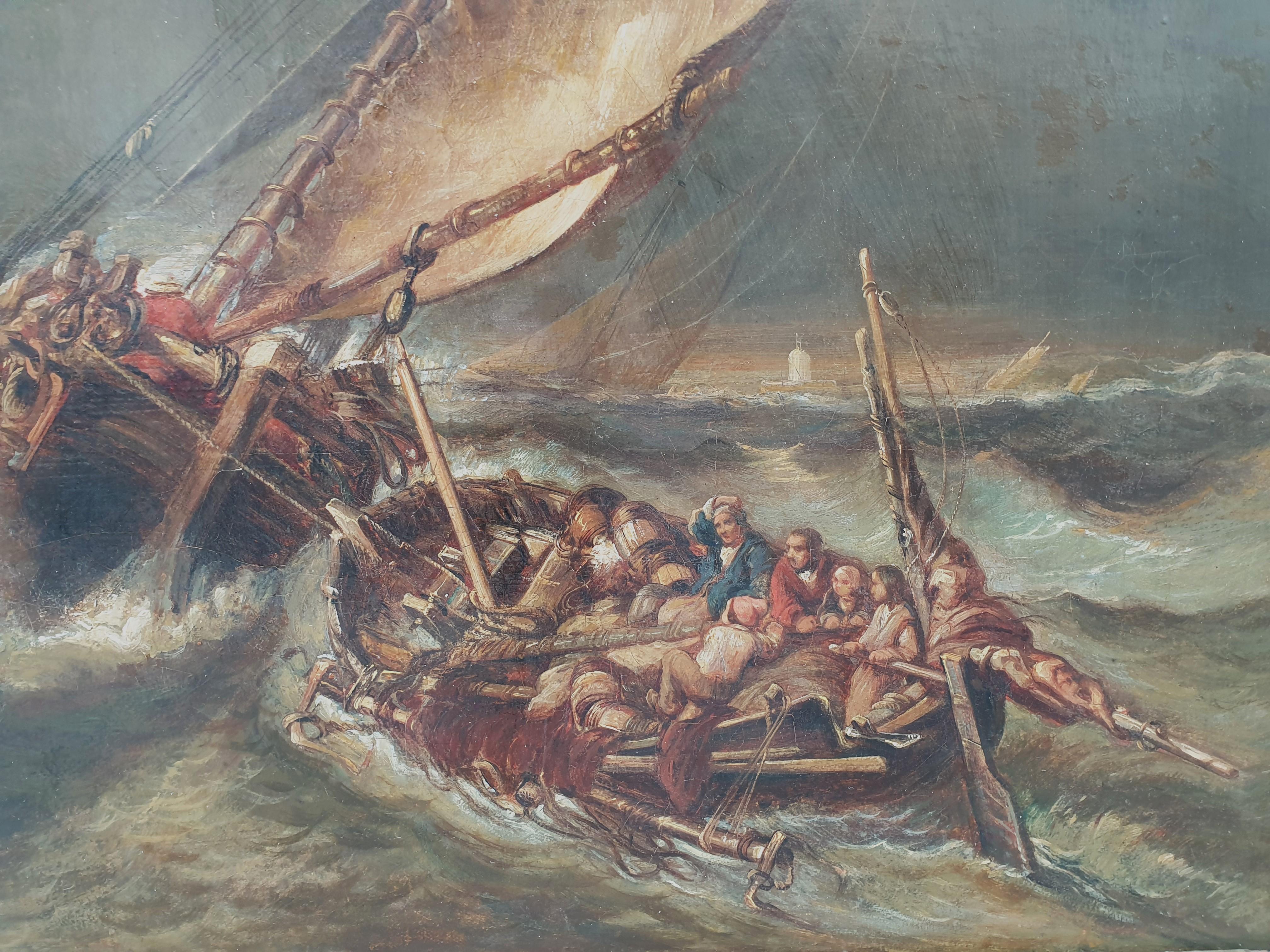 ADAM Marine tempest rescue boats romantique peinture française ISABEY 19ème  - Romantique Painting par Hippolyte ADAM