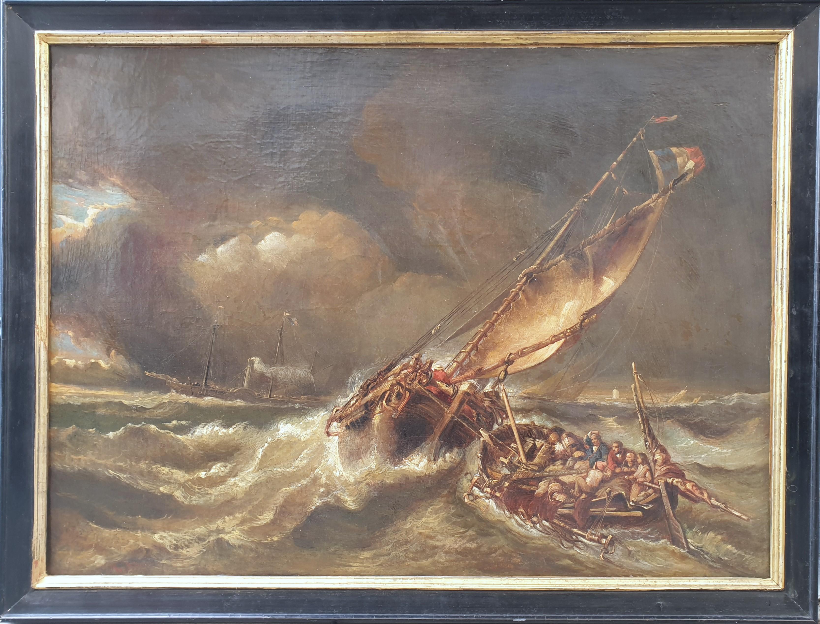 Landscape Painting Hippolyte ADAM - ADAM Marine tempest rescue boats romantique peinture française ISABEY 19ème 